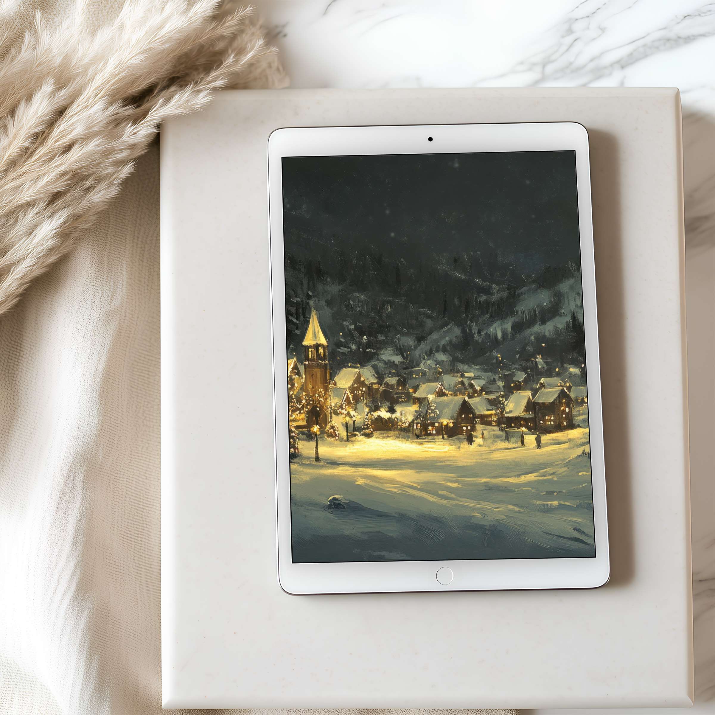 Elegant winter village scene on tablet wallpaper for a serene vibe perfect for iPad download in high resolution and Android tablets