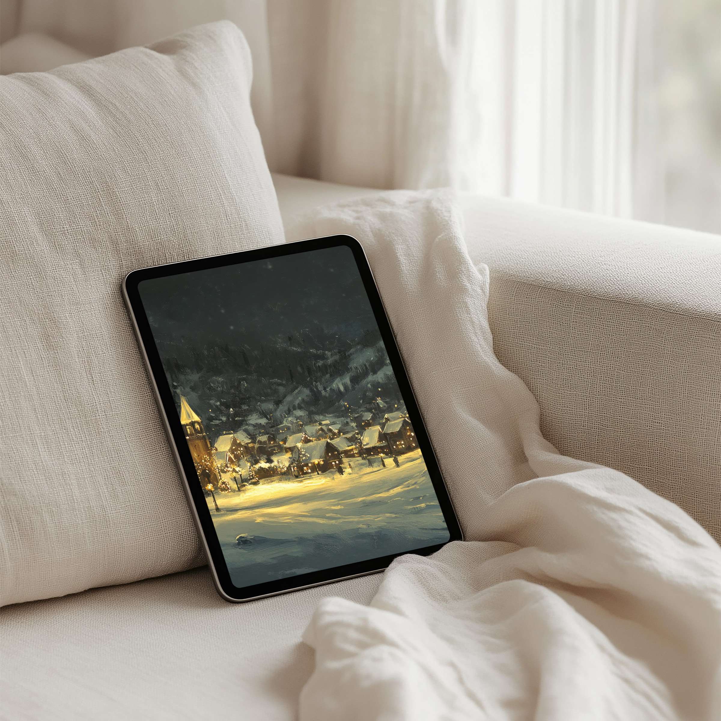 Cozy snow village iPad background for instant download evokes serenity and elegance, perfect for any tablet screen upgrade