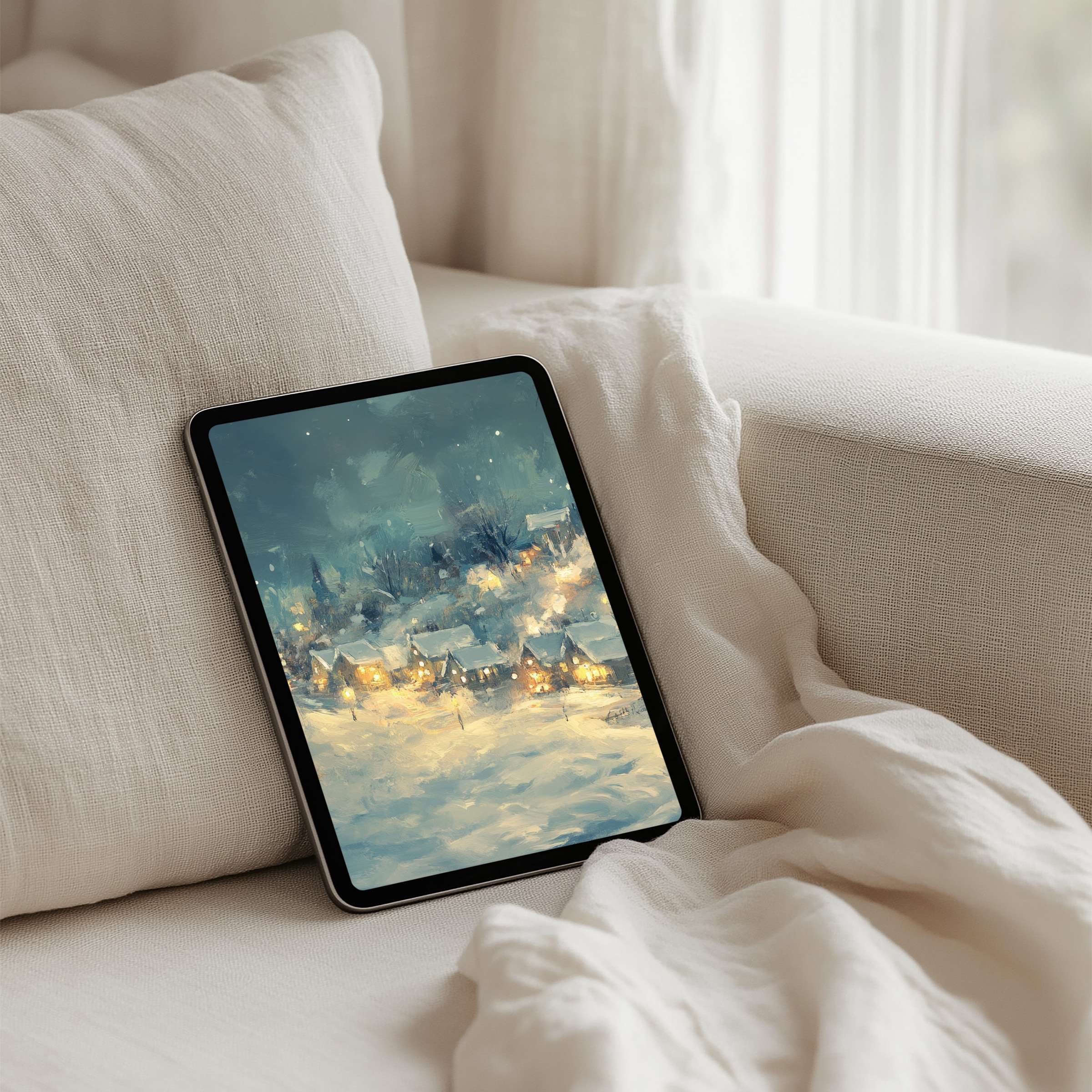 Serene winter village scene iPad background for instant download brings elegance to any tablet interior inspiring relaxation