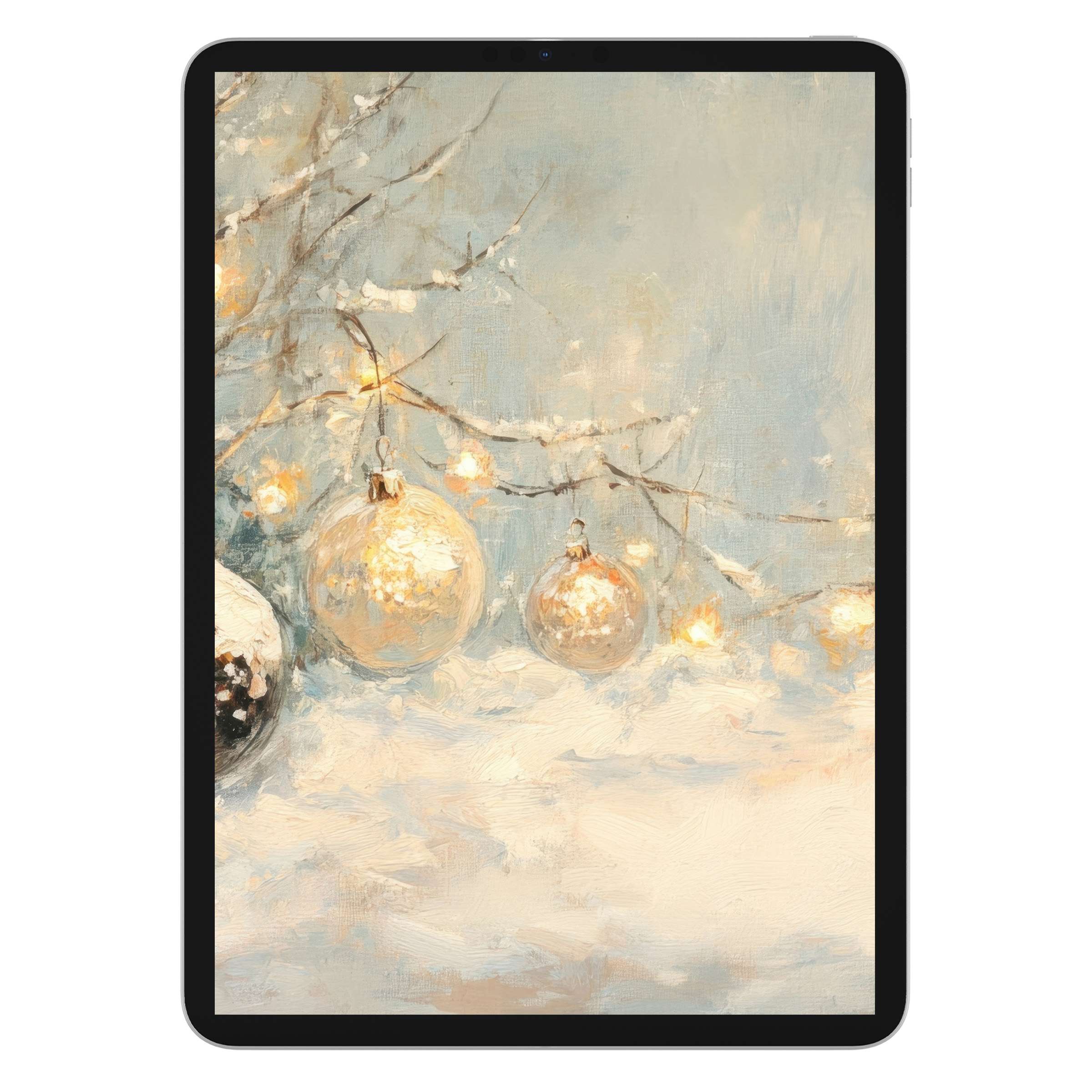 Elegant christmas iPad wallpaper painting with golden baubles on snowy branches for soothing tablet background digital download