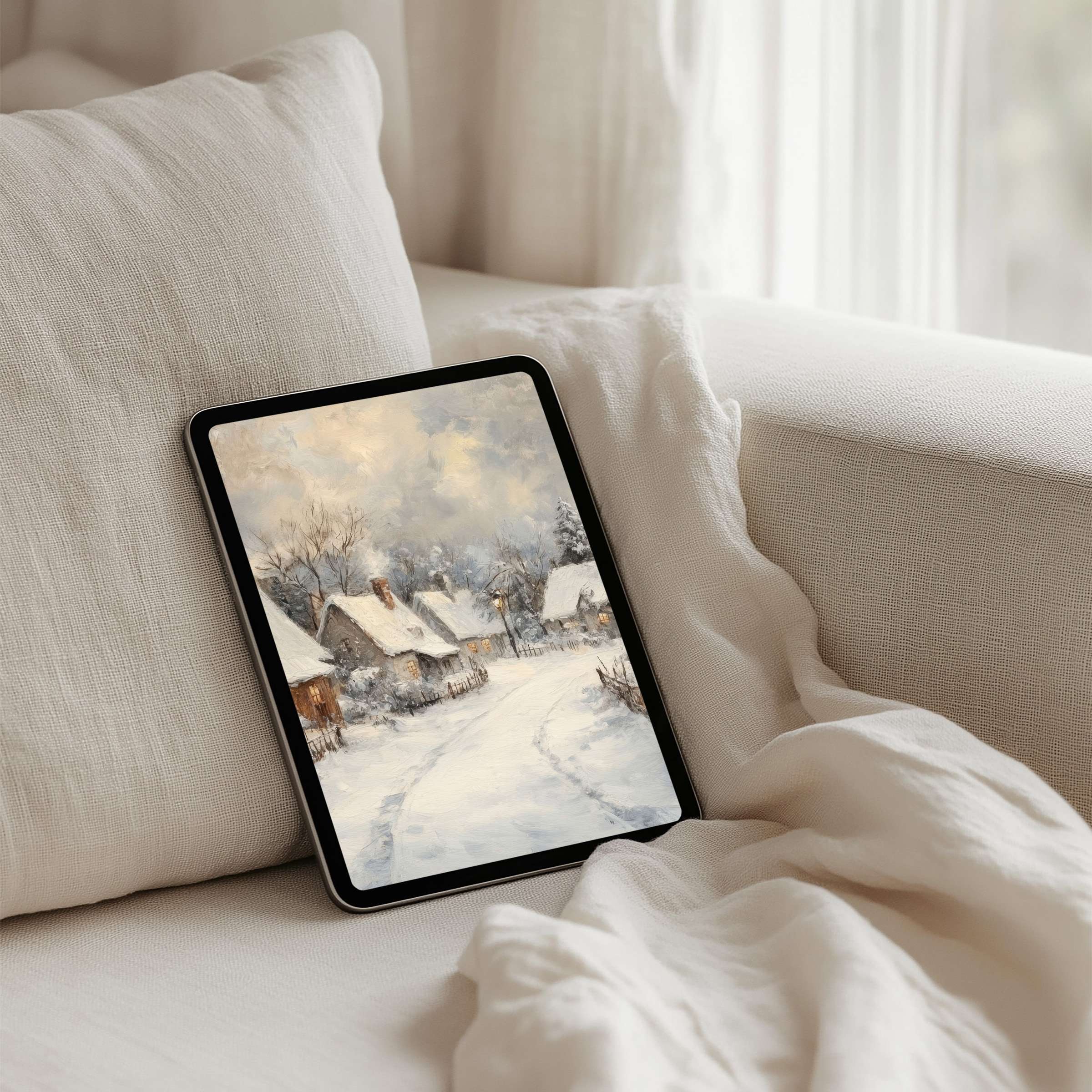 Elegant snowy village scene iPad background for tablet inspires calm and mindfulness instant download for design-conscious users