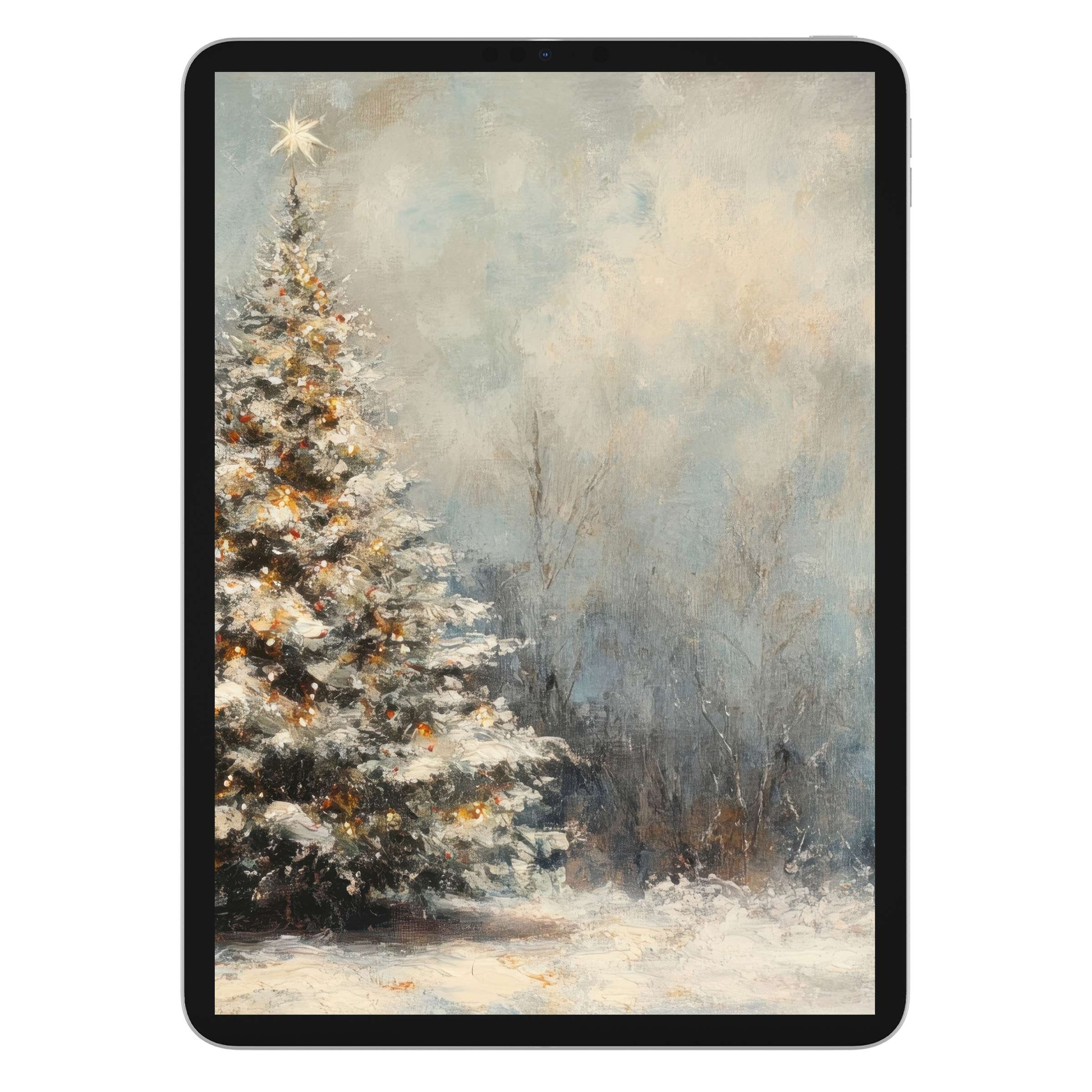 Elegant christmas iPad wallpaper digital download features serene painted snowy tree, perfect background for any tablet user seeking tranquility