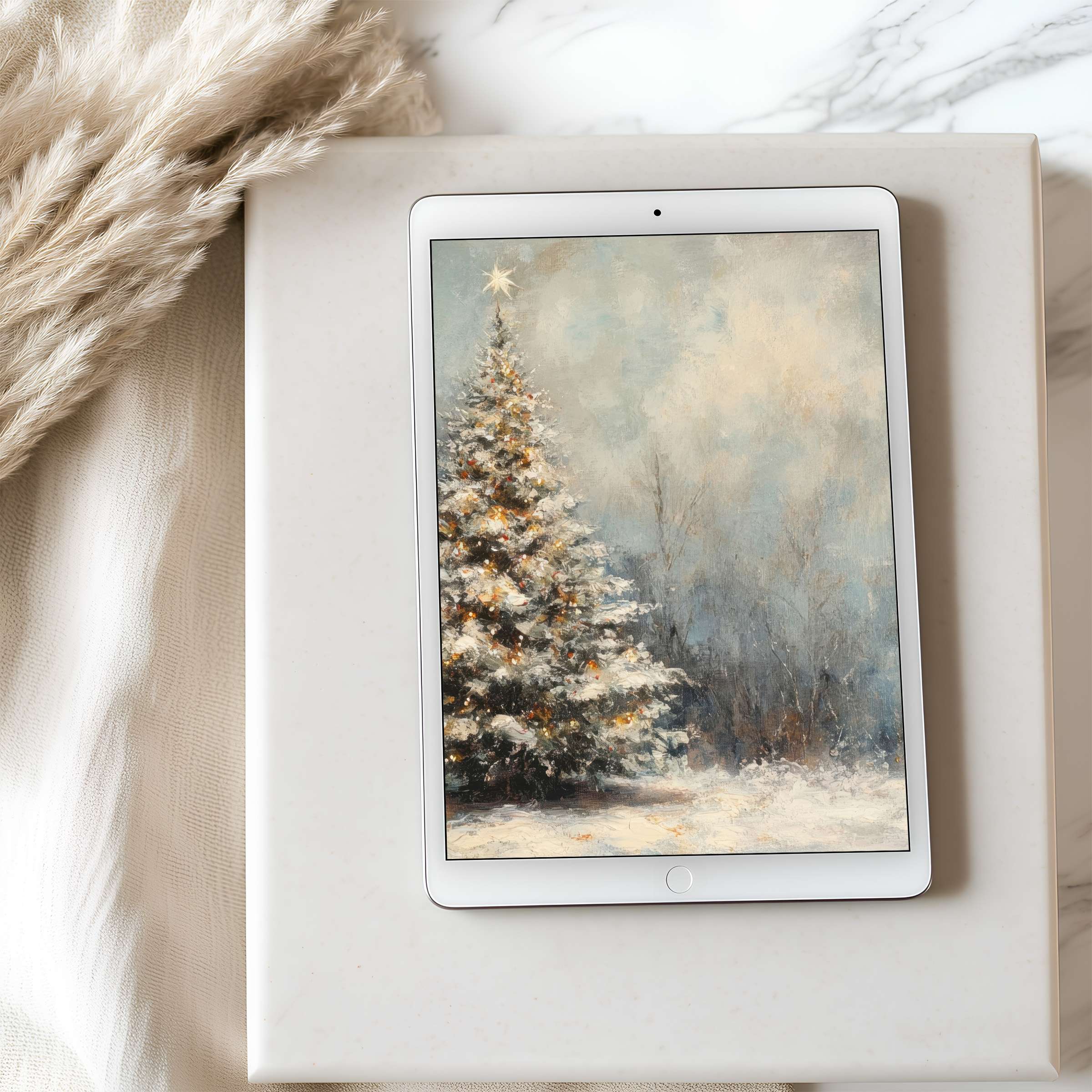 Snowy landscape tablet wallpaper featuring a serene Christmas tree, ideal for high resolution iPad display, soothing digital download