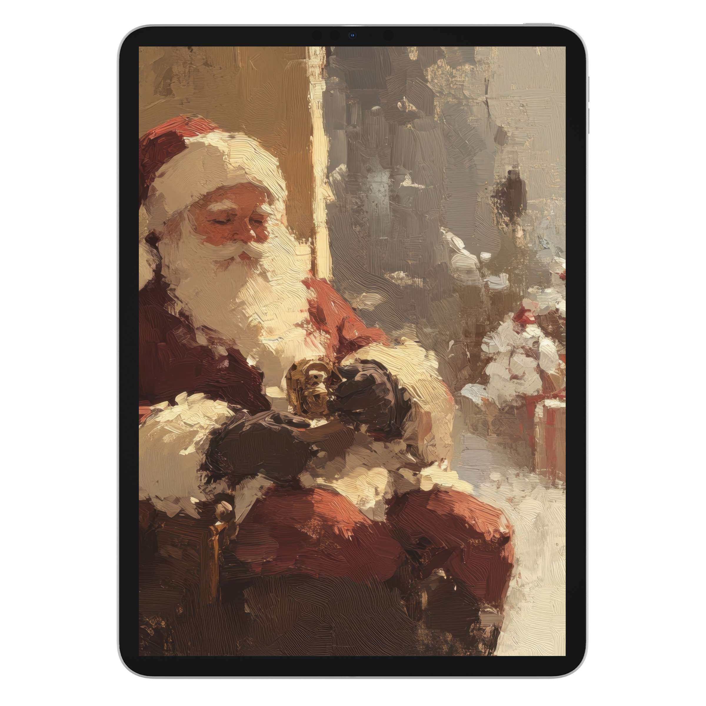 Elegant christmas iPad wallpaper with oil painting of Santa offers a serene digital download for tablet backgrounds in festive hues