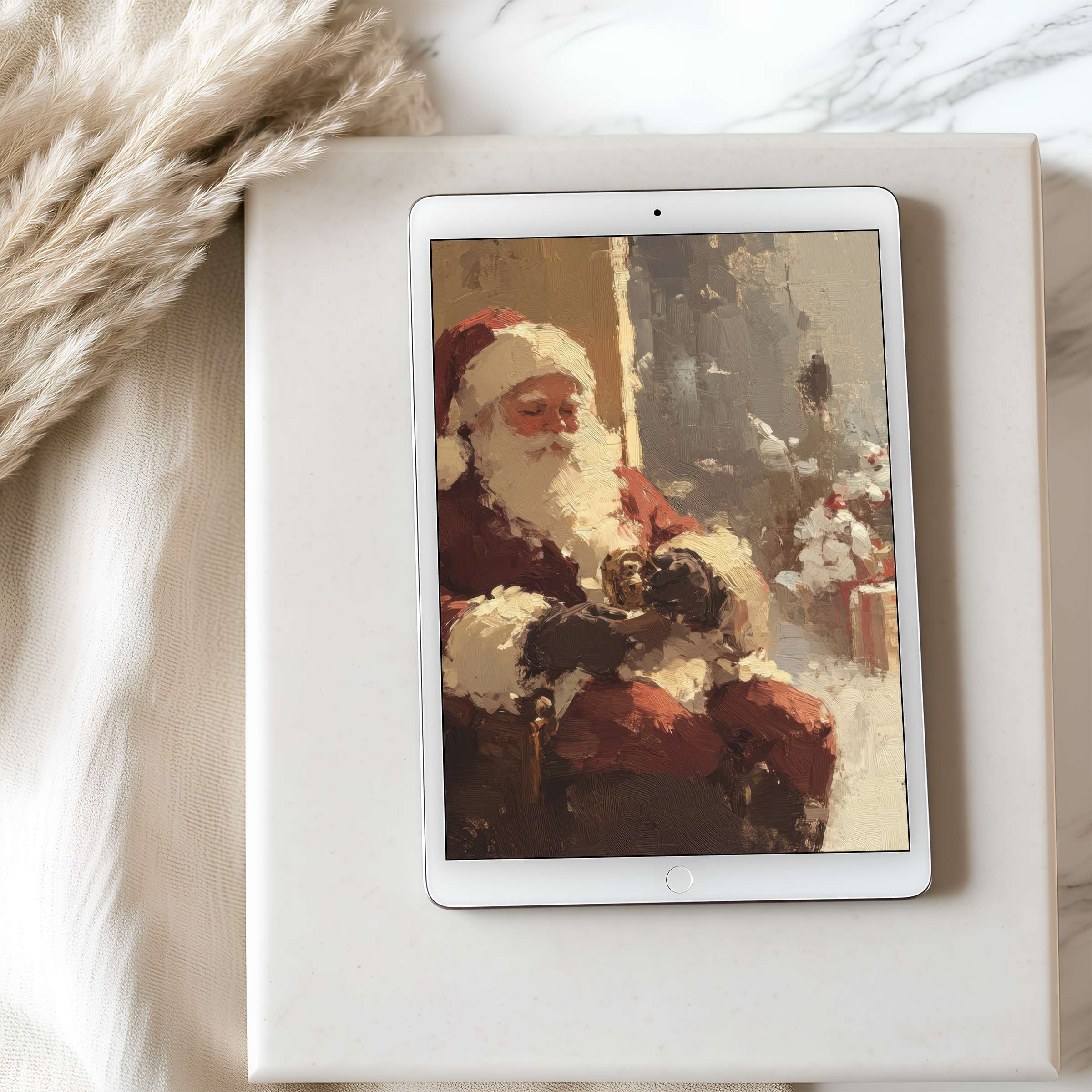 Elegant Santa-themed tablet wallpaper with rich, cozy brushstrokes perfect for iPad or Android tablets as a high-resolution digital download