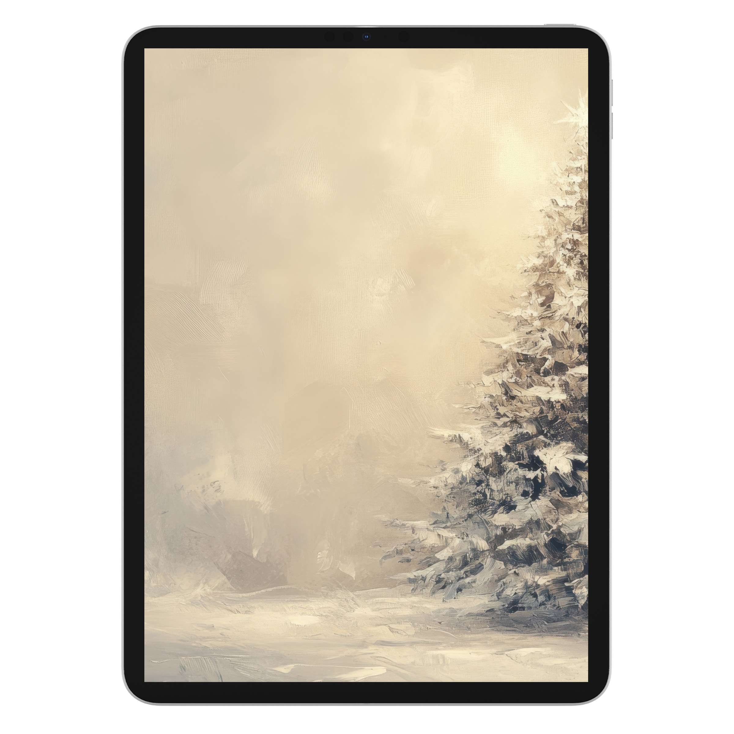 Elegant christmas iPad wallpaper digital download featuring a serene, textured snowy tree on a soft background for all tablets
