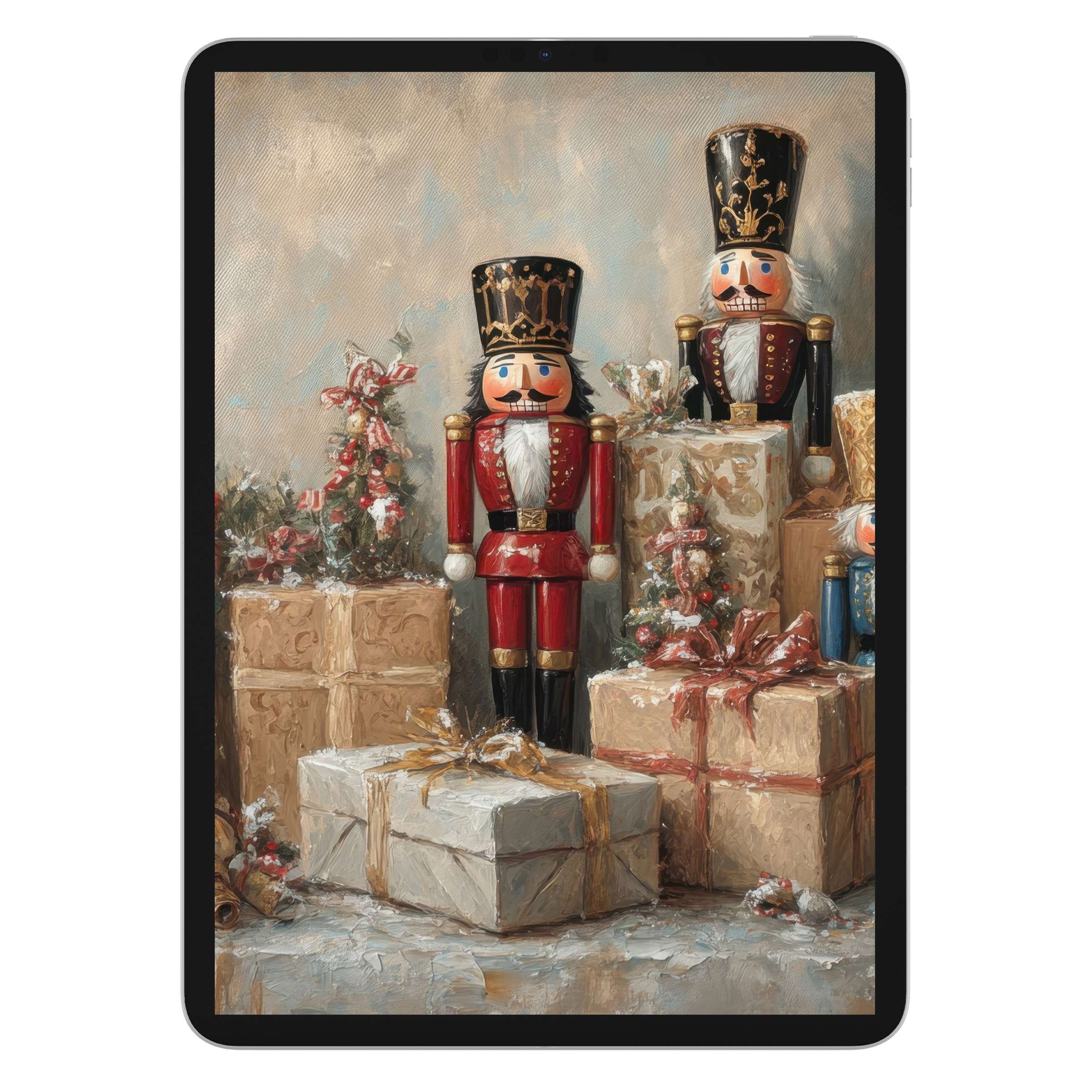 Elegant christmas iPad wallpaper featuring nutcracker figures and gift boxes offers a calm festive digital download background for tablets