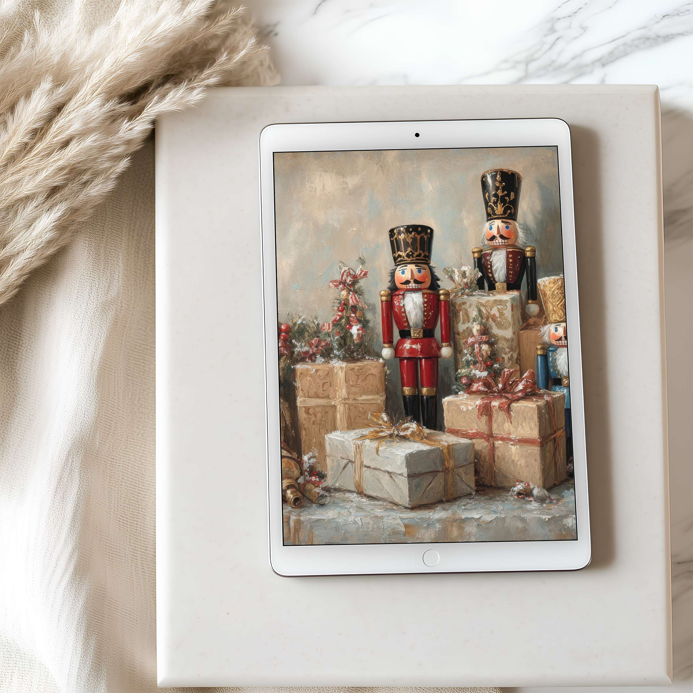 Elegantly curated tablet wallpaper featuring nutcrackers and gifts in calming hues, ideal for iPad and Android, a digital download