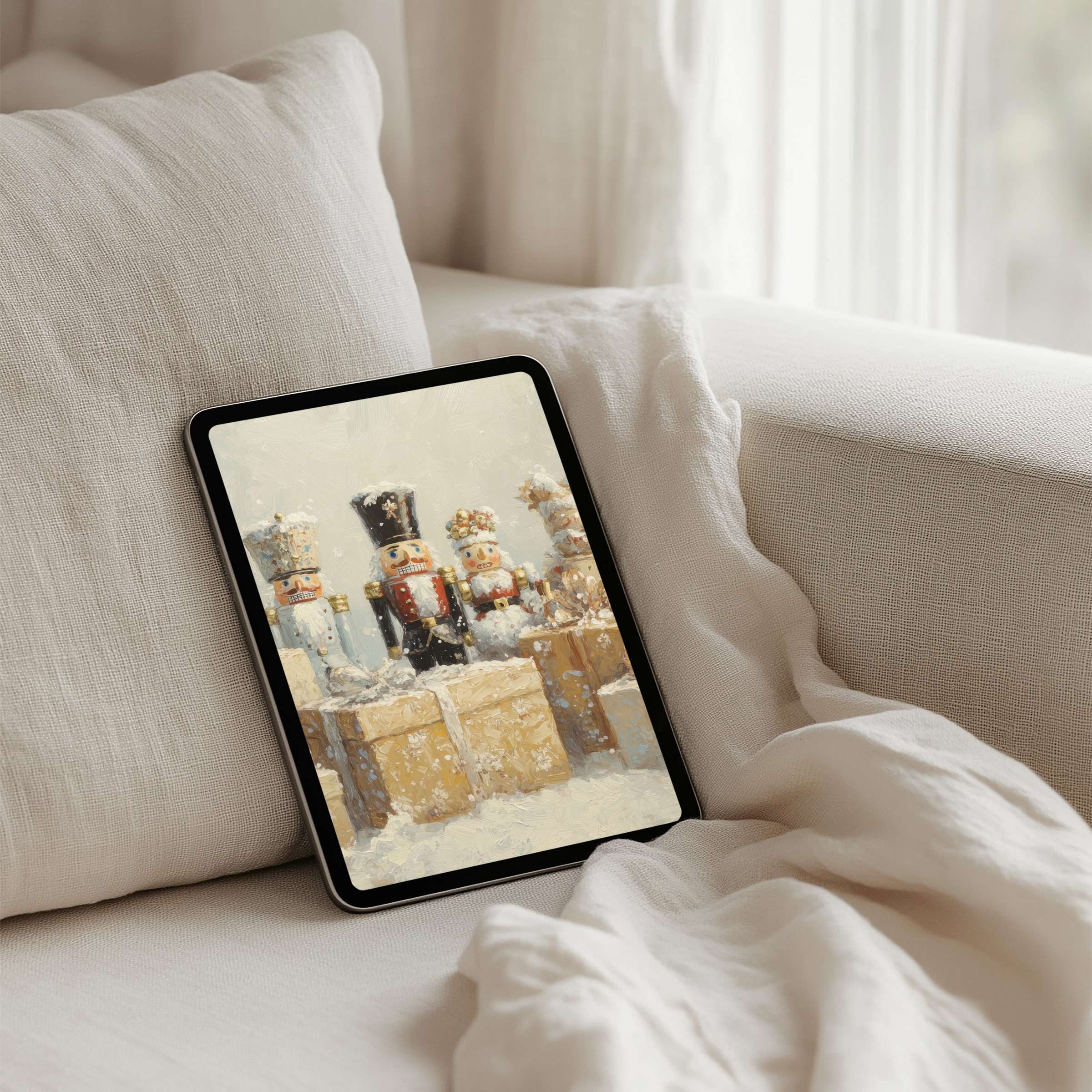 Elegant nutcracker scene in soft hues enhances calm and inspiration on any iPad background or tablet with instant download
