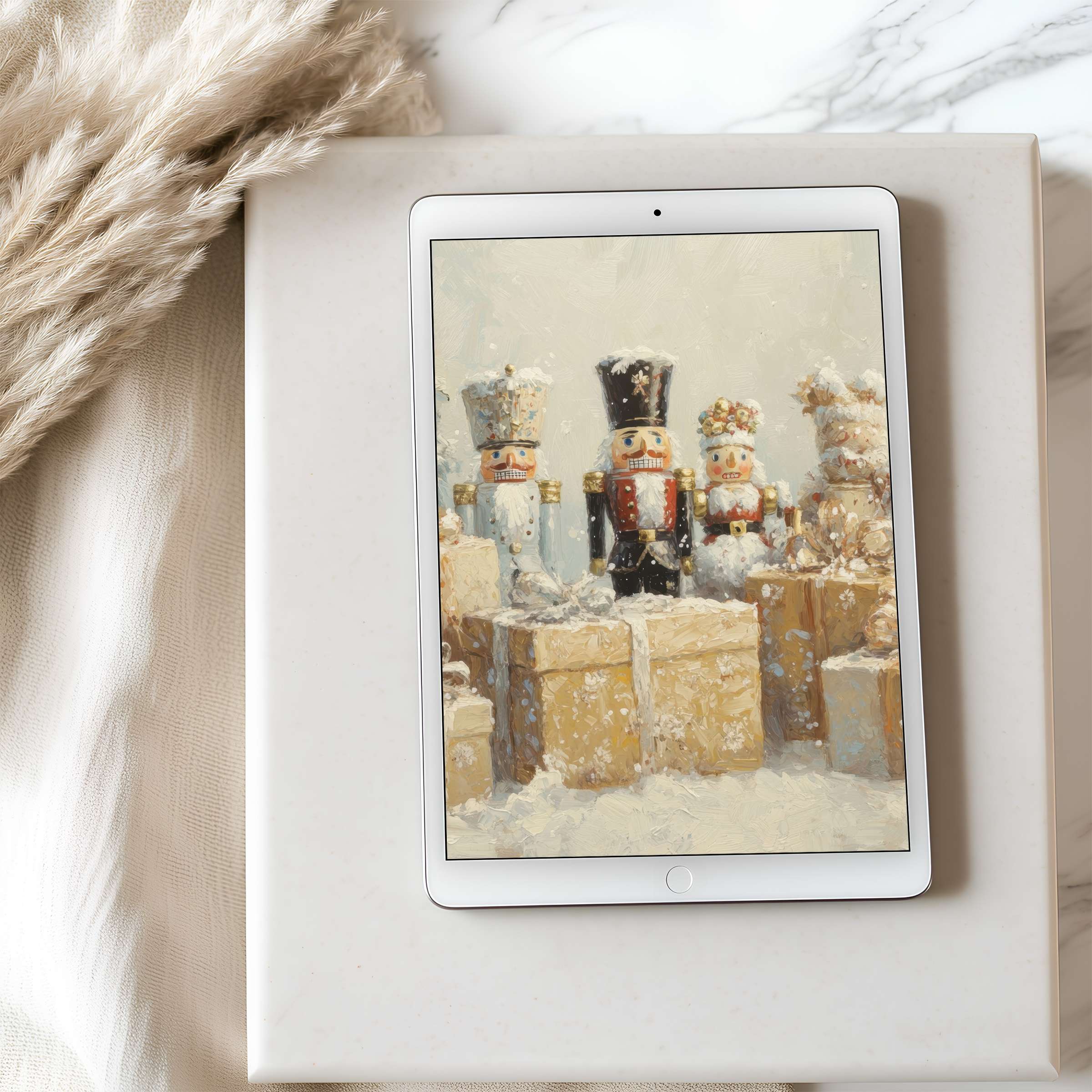 Elegant tablet wallpaper featuring a serene winter scene with nutcracker motifs, ideal for high-resolution iPad or Android download