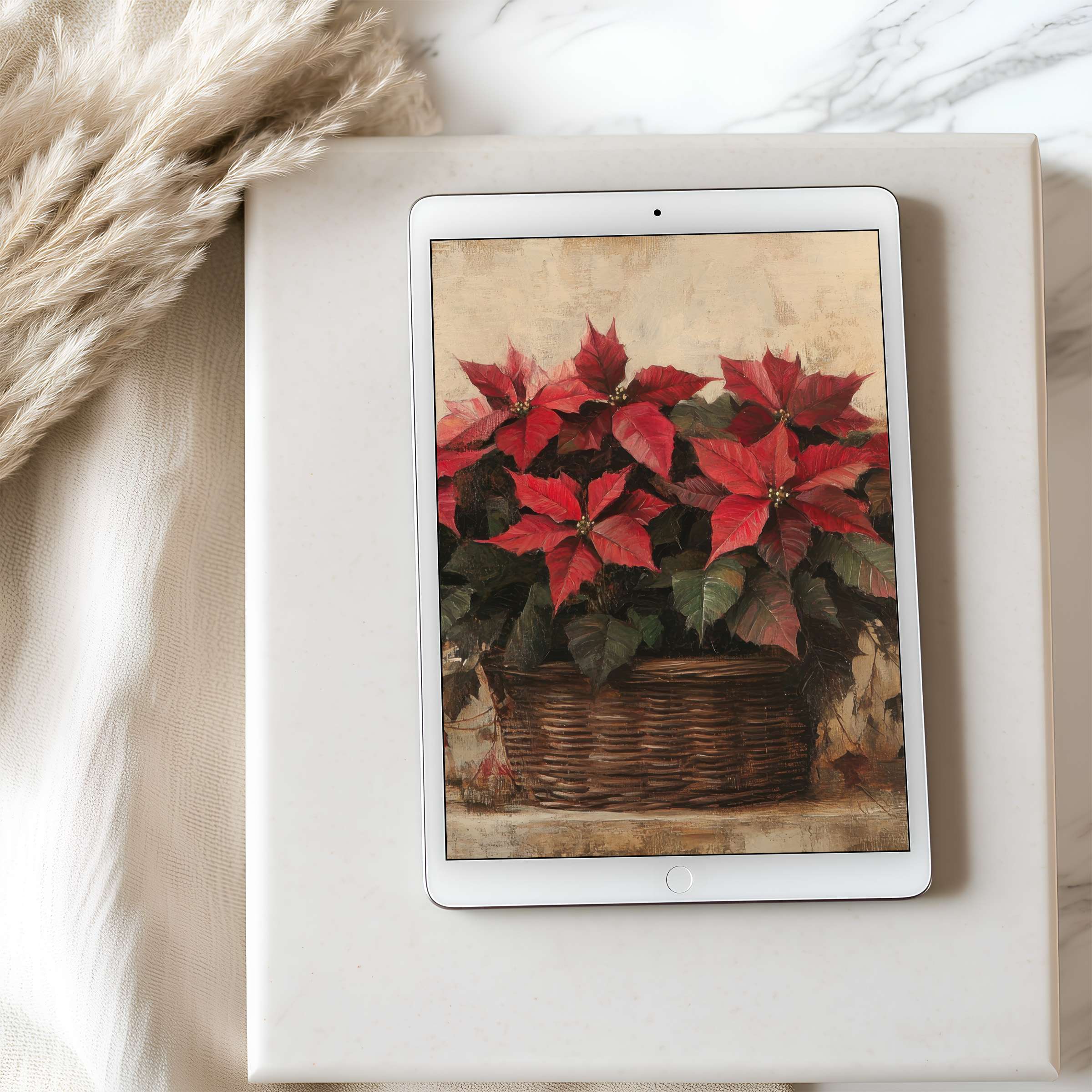 Elegant poinsettia artwork graces this curated tablet wallpaper, offering a tranquil high-resolution digital download for iPad and Android