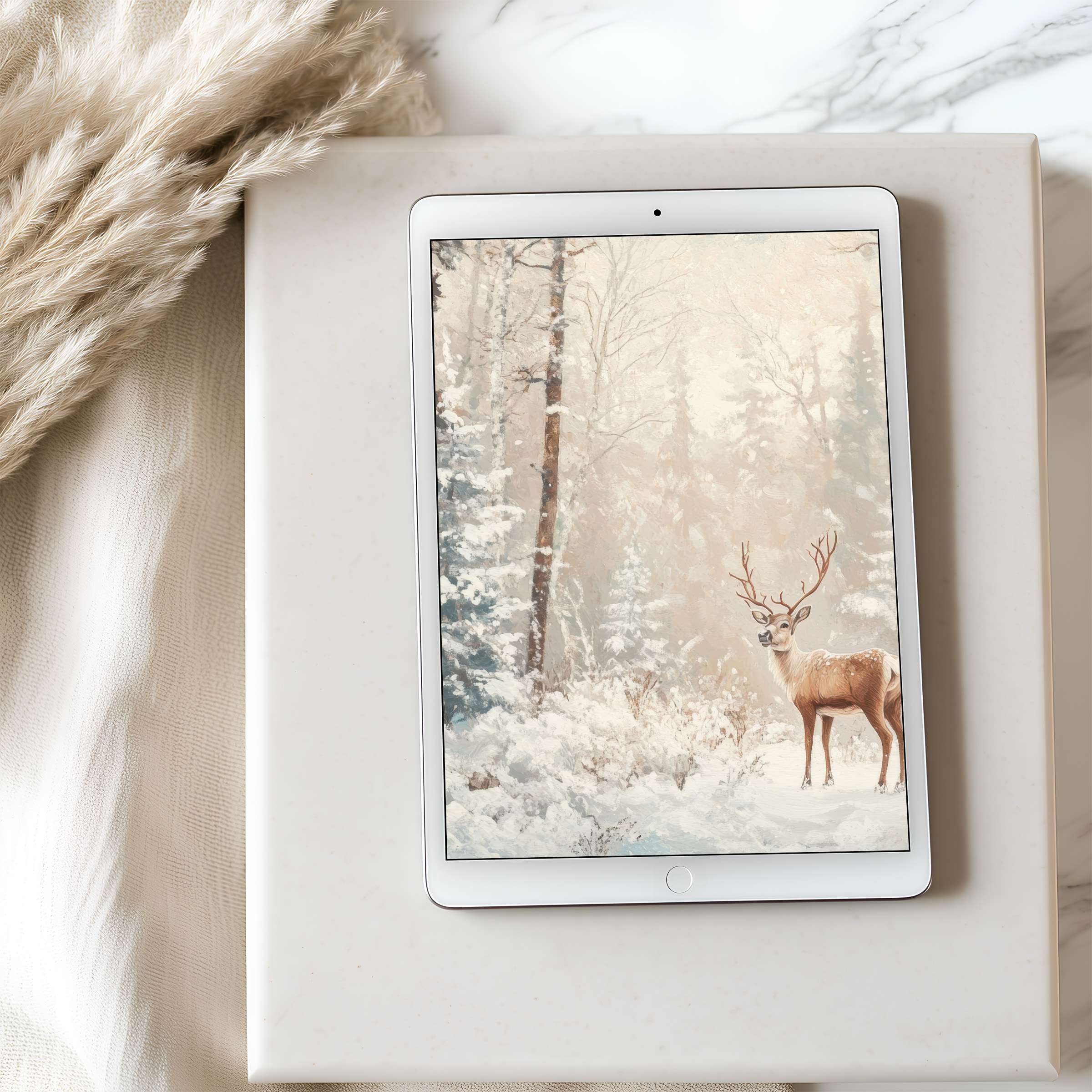 Elegant winter forest scene tablet wallpaper featuring a serene deer in high resolution perfect for iPad and Android digital download