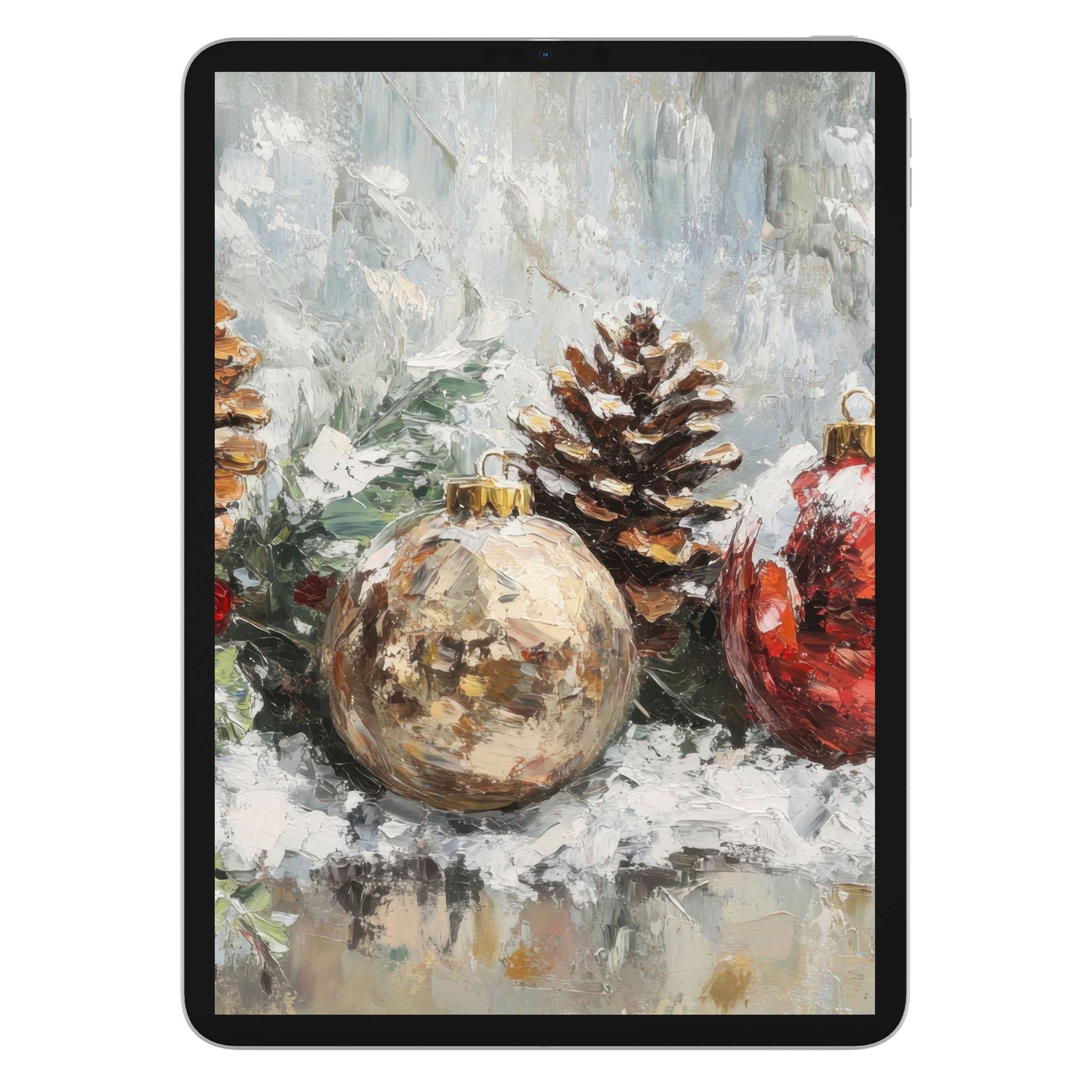 Elegant christmas iPad wallpaper featuring pinecones and ornaments in soft textures for digital download, ideal tablet background