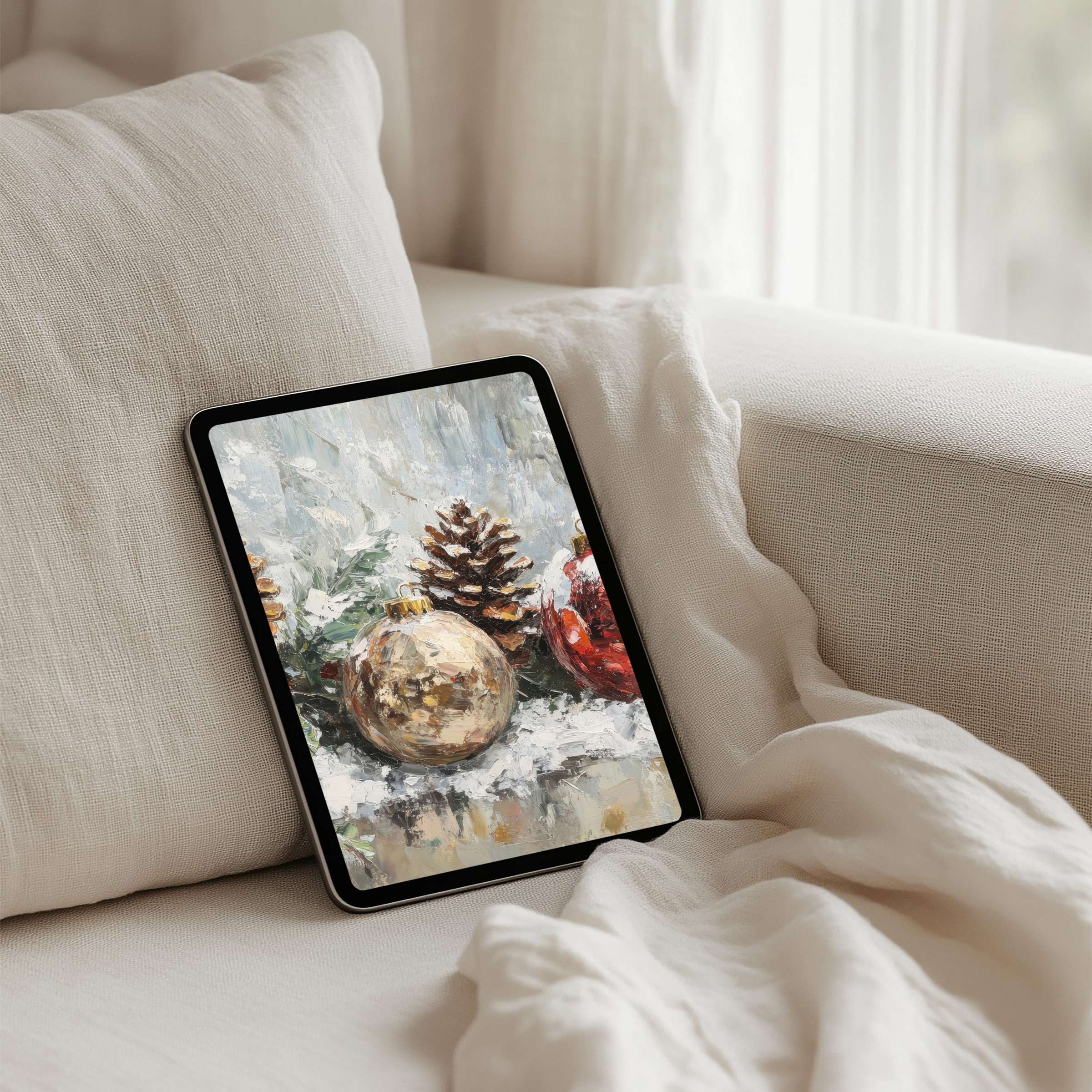Cozy and elegant iPad background featuring a serene winter scene with pinecones and ornaments for instant download on your tablet