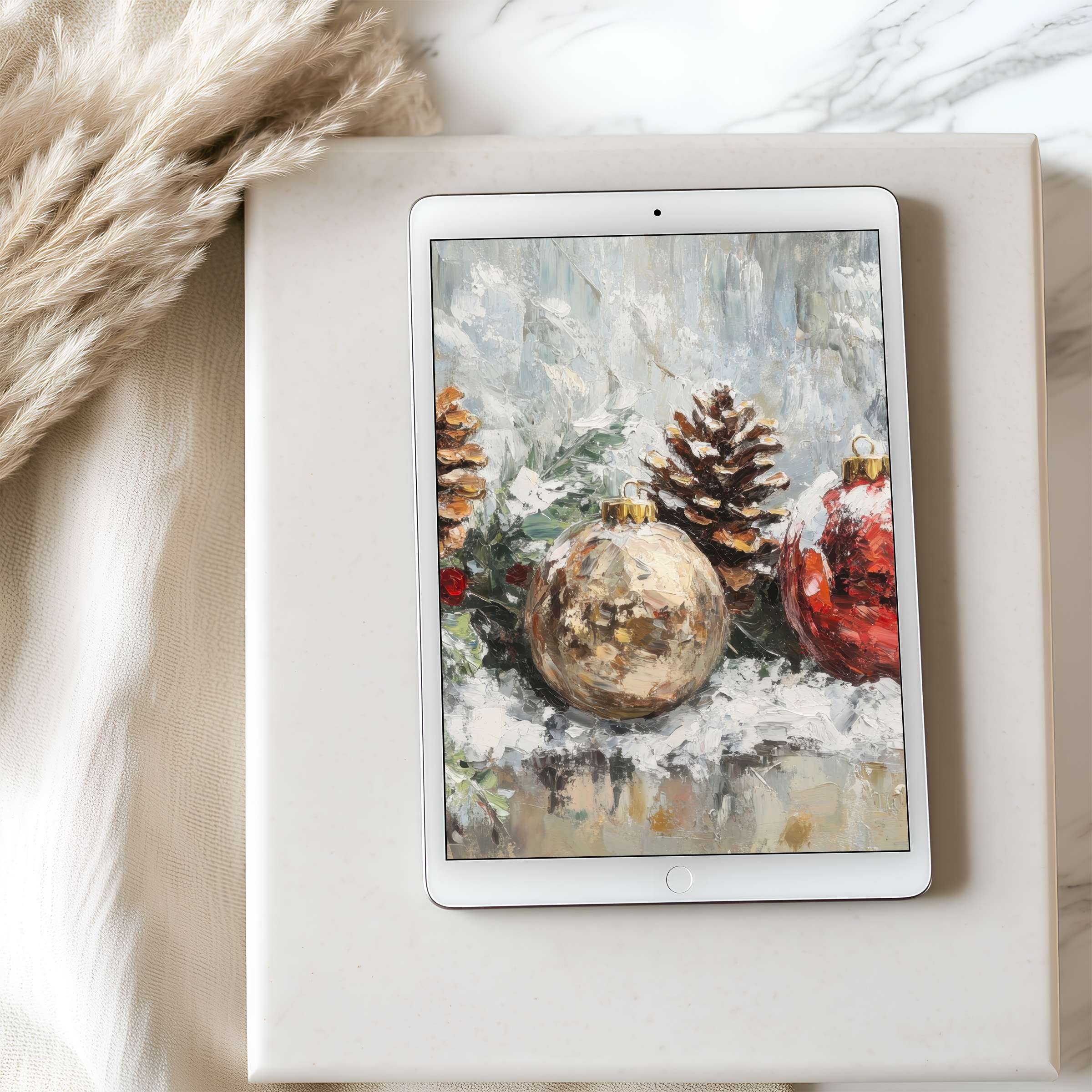 Elegant tablet wallpaper featuring serene holiday motifs in muted tones, ideal for iPad high resolution, offering a calming digital download