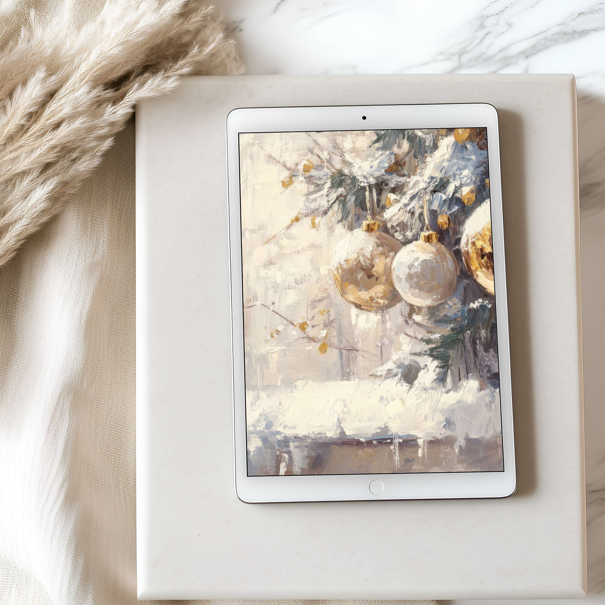 Elegant winter-themed digital art with gold accents makes this high-resolution tablet wallpaper perfect for iPad and Android tablets