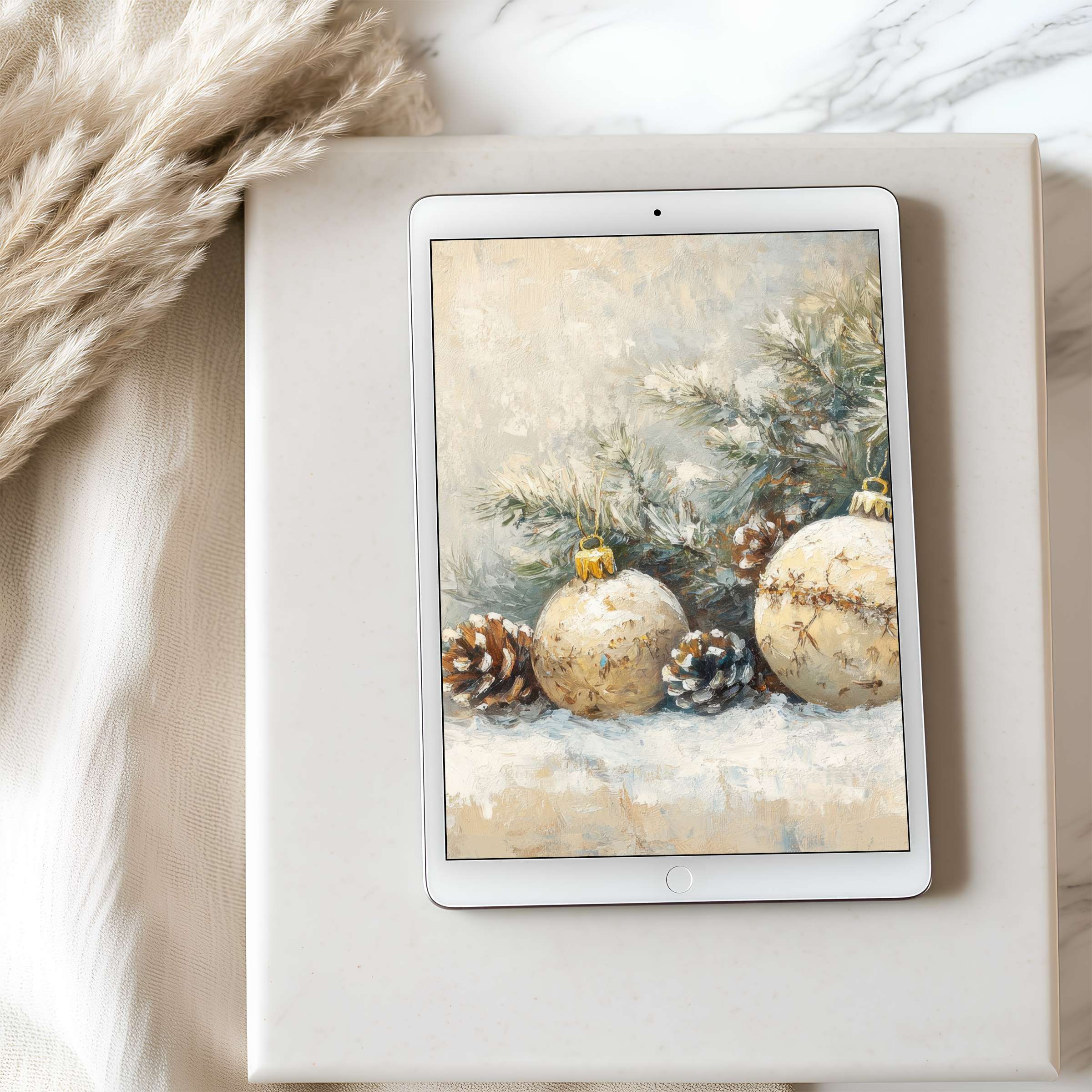 Elegant winter-themed tablet wallpaper featuring snow-covered pinecones and ornaments, ideal for iPad, high resolution, digital download