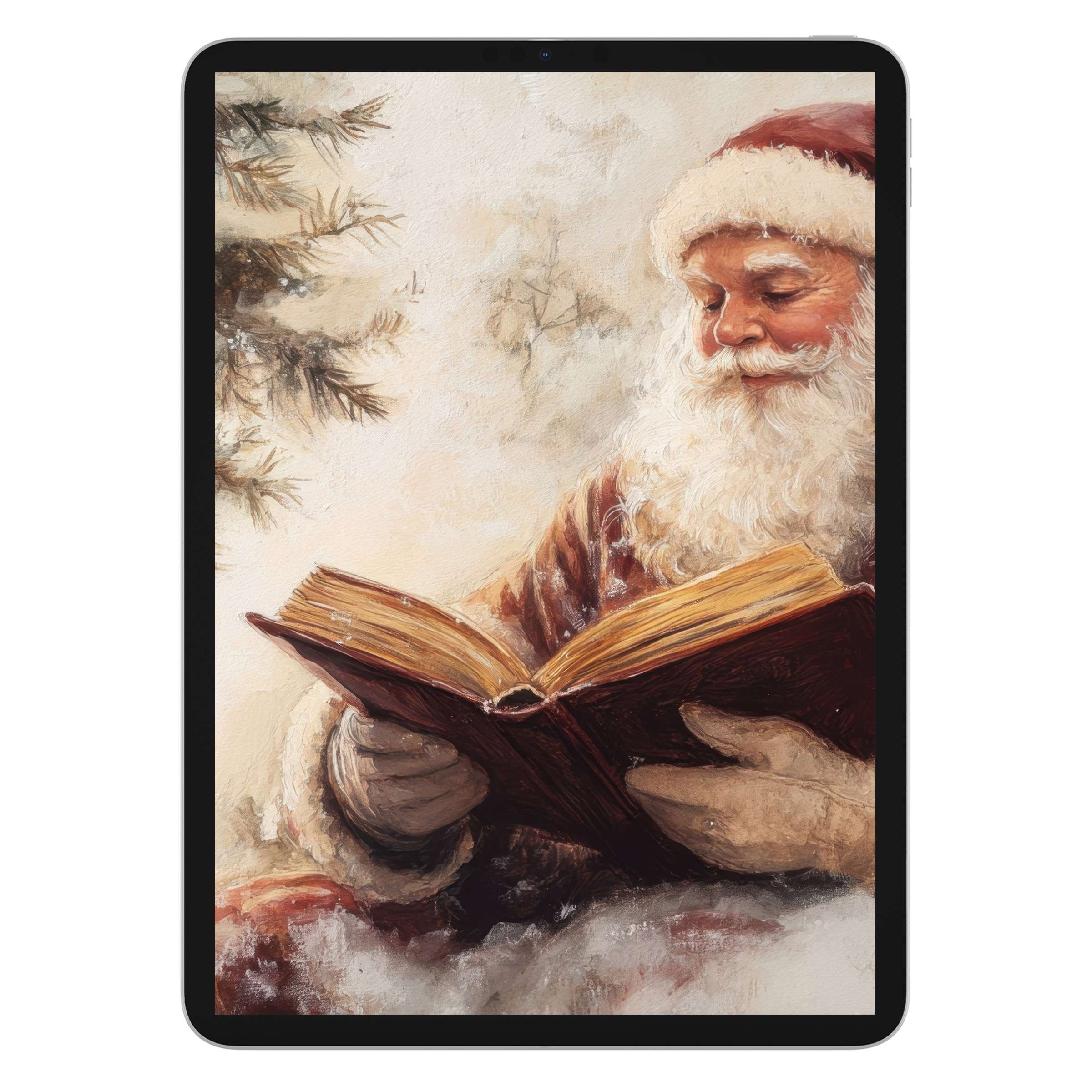 Christmas iPad wallpaper featuring Santa reading a book in a cozy, artistic style, ideal digital download for tablets and backgrounds