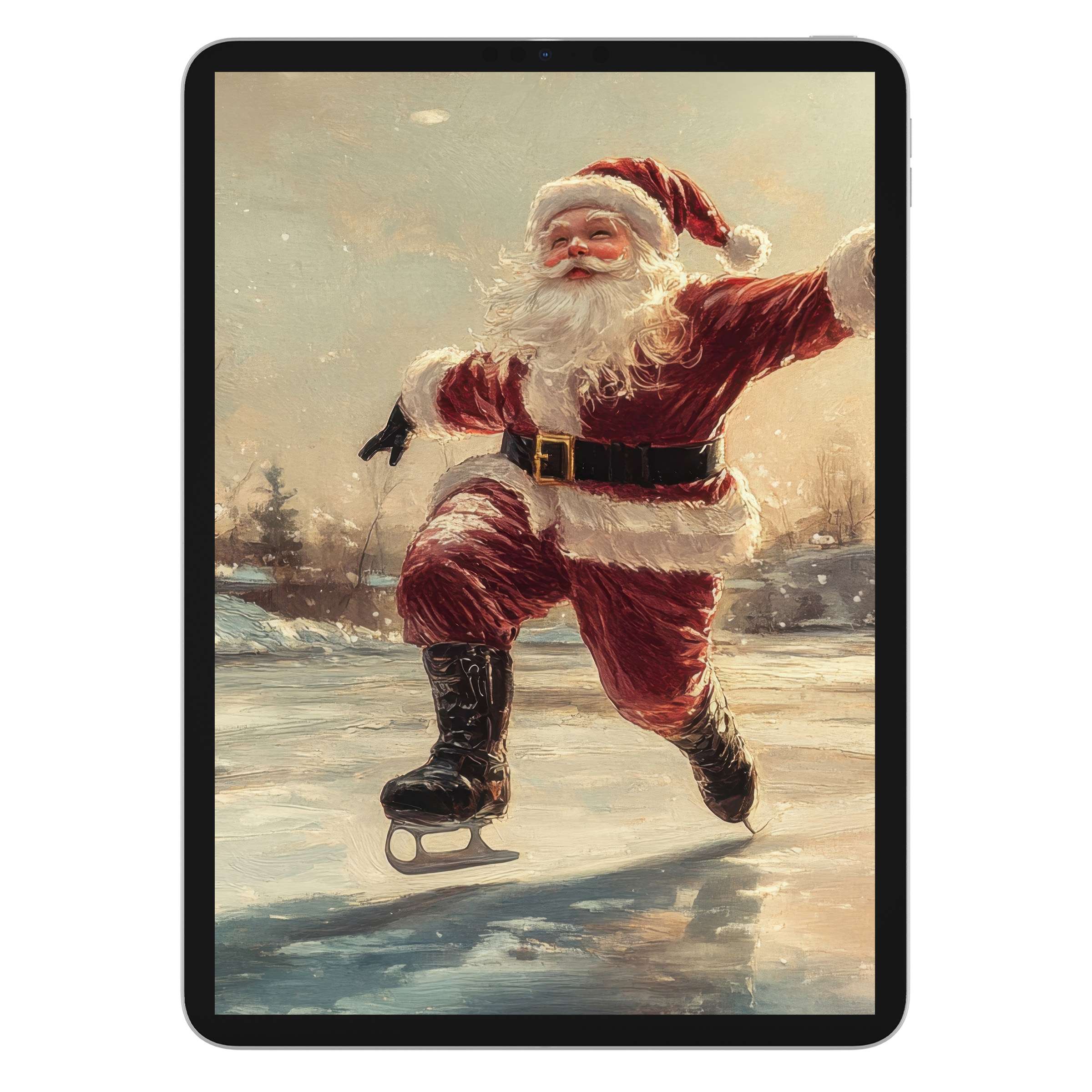 Christmas iPad wallpaper featuring Santa skating joyfully on a snowy landscape, digital download for a serene tablet background