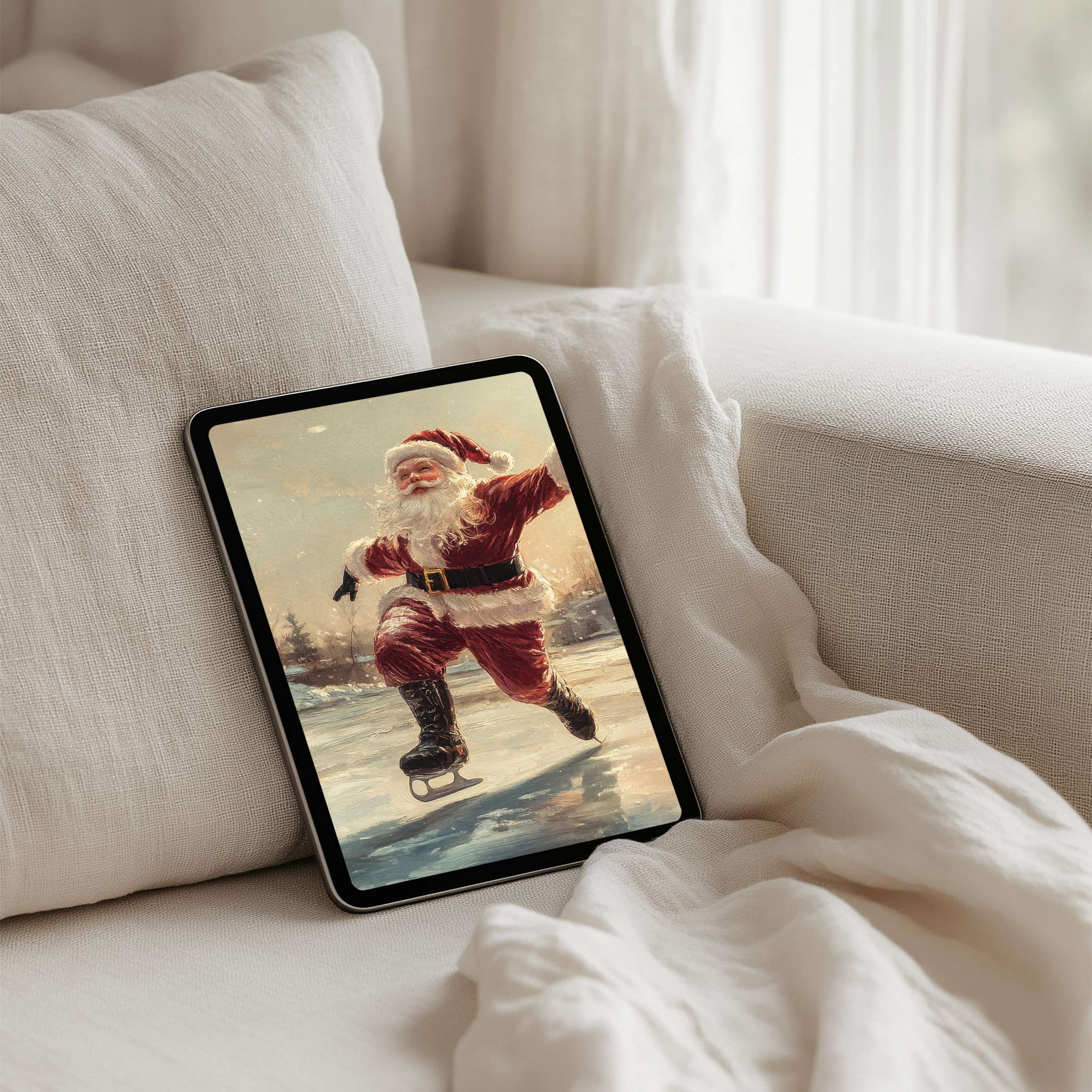 Elegant winter-themed iPad background for instant download featuring Santa skating, perfect for tablets, evoking calm and inspiration