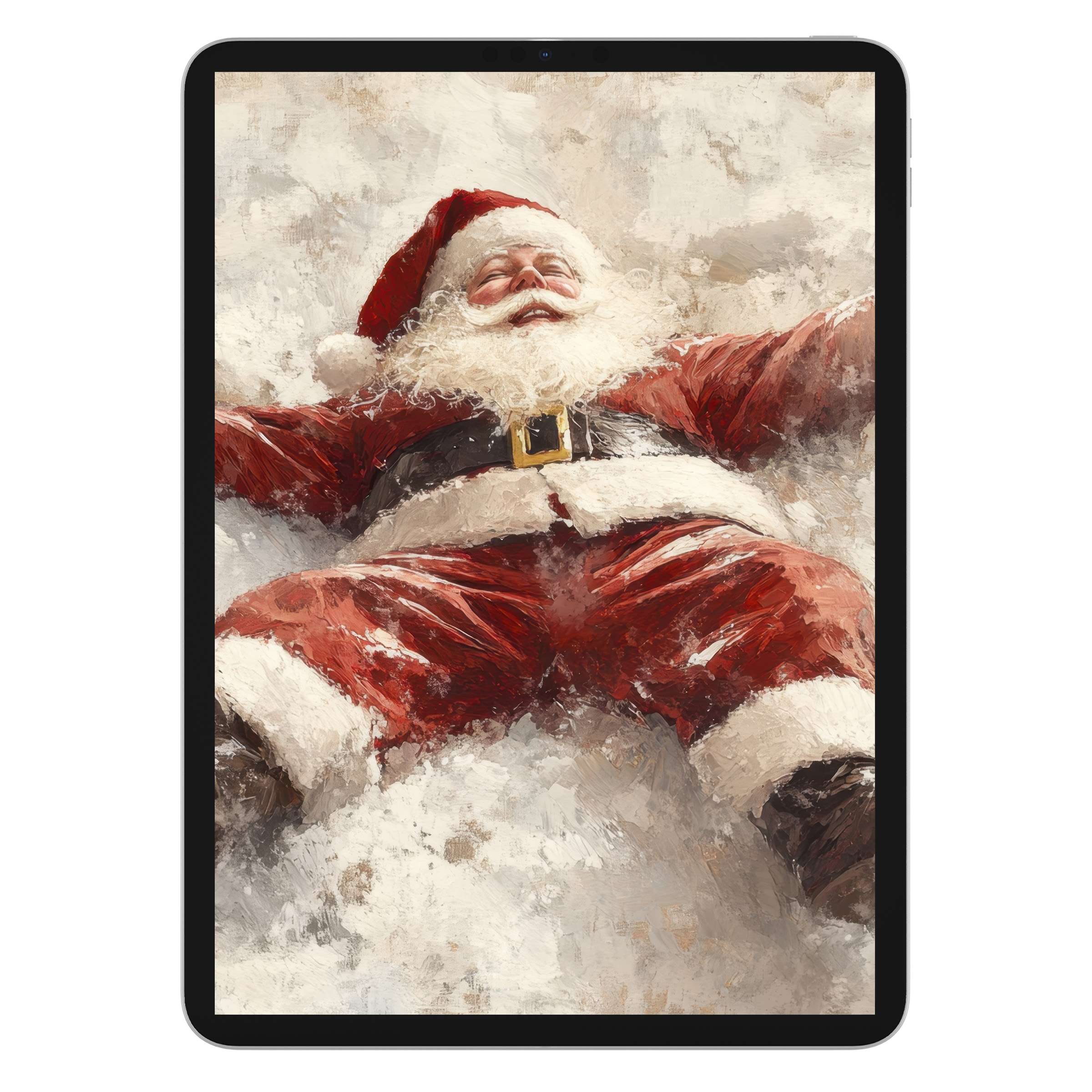 Cozy Christmas iPad wallpaper featuring a joyful Santa in snowy setting, ideal digital download background for tablet serenity seekers