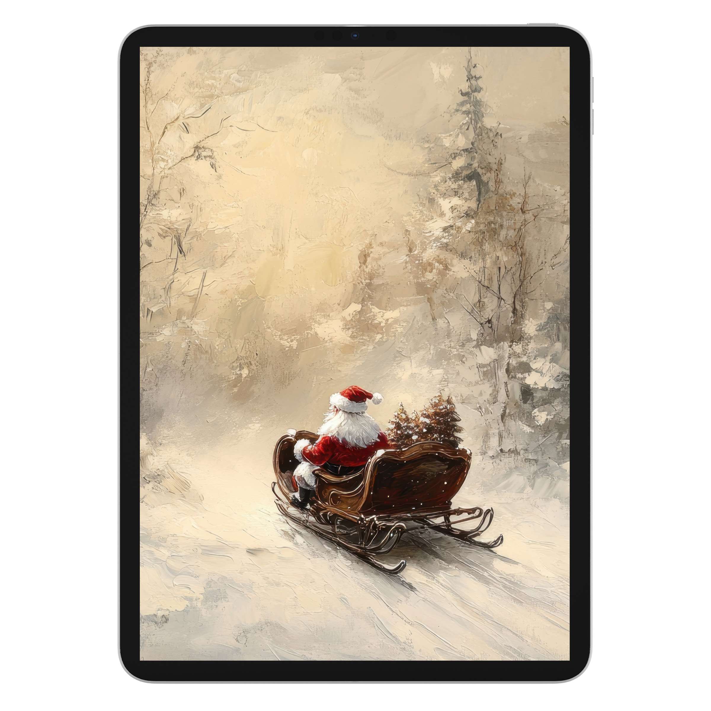Elegant christmas iPad wallpaper featuring Santa in a sleigh amidst a serene snowy forest, perfect digital download for tablet background