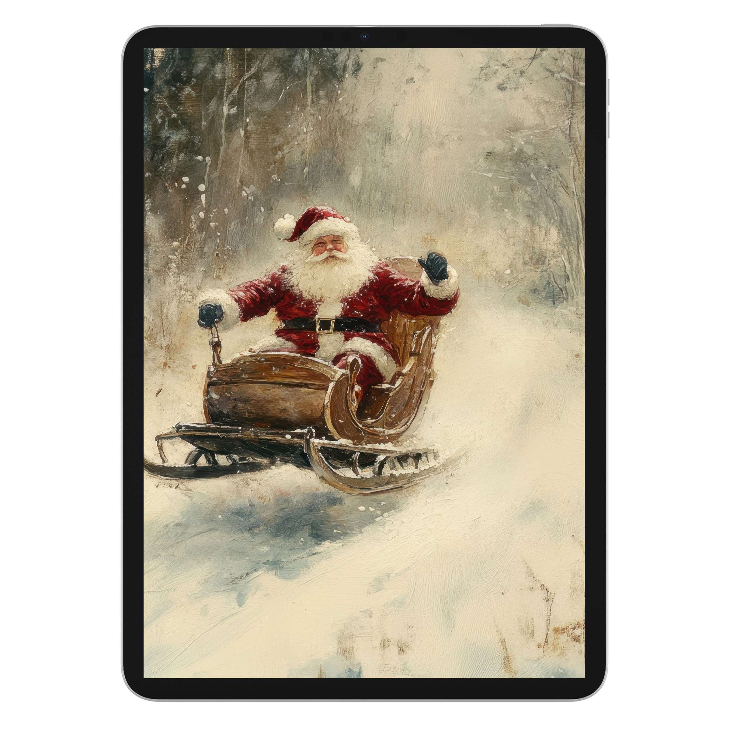Elegant christmas iPad wallpaper featuring Santa's vintage sleigh in snow for digital download, perfect tablet background for cozy winter vibes
