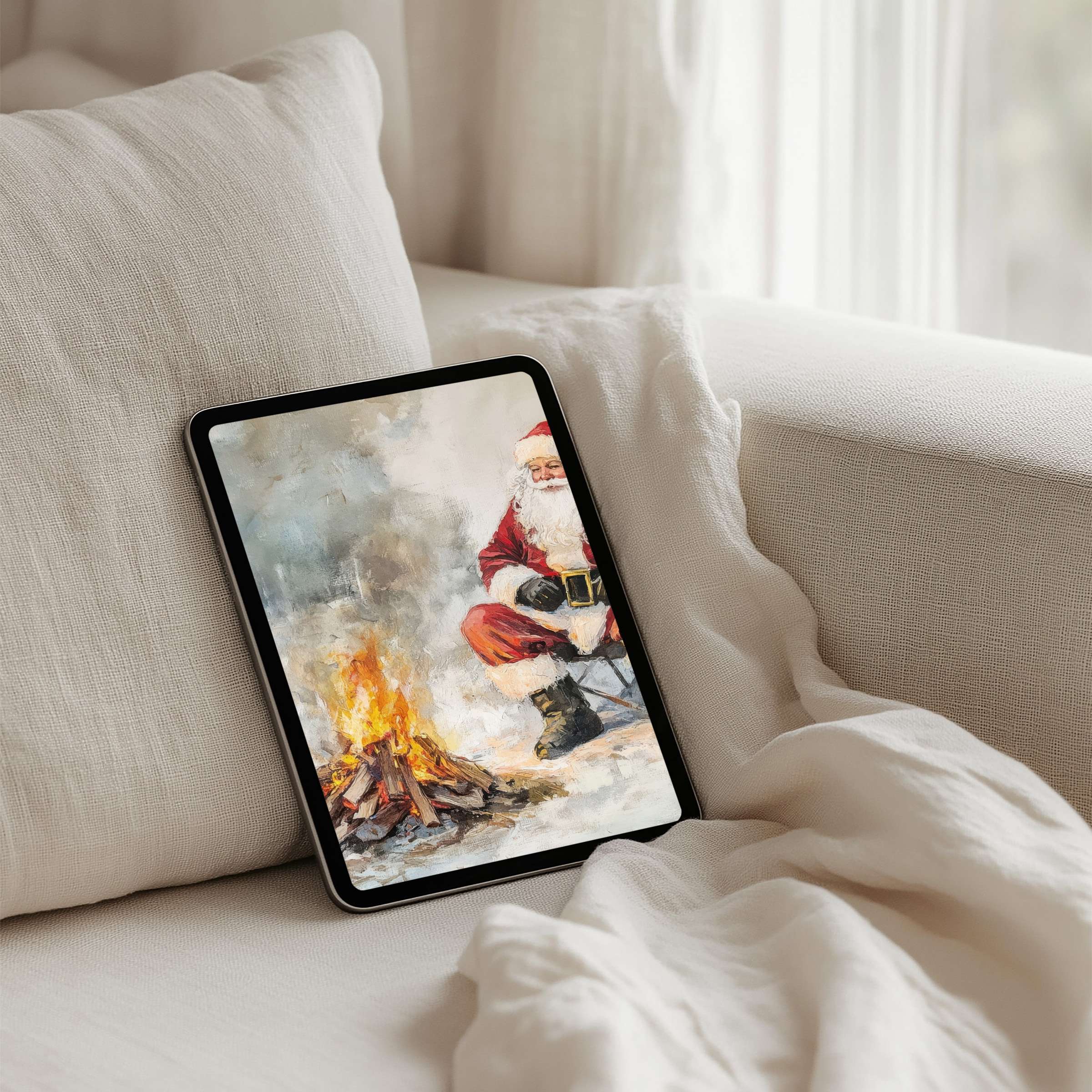 Serene iPad background featuring Santa by a cozy fire offers elegance and mindfulness for instant download on any tablet