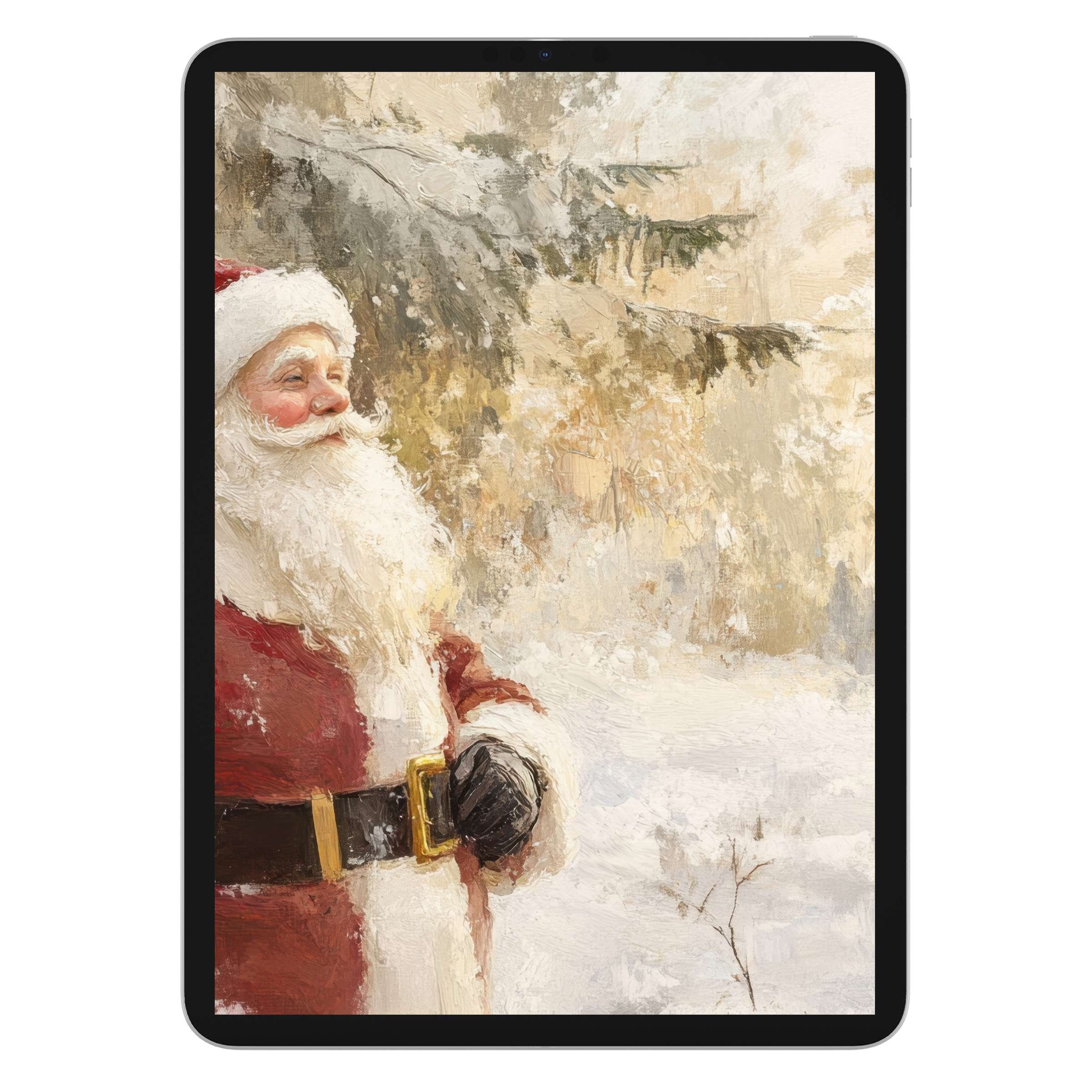 Elegant christmas iPad wallpaper featuring a serene Santa in a snowy digital download background ideal for iPad and tablets