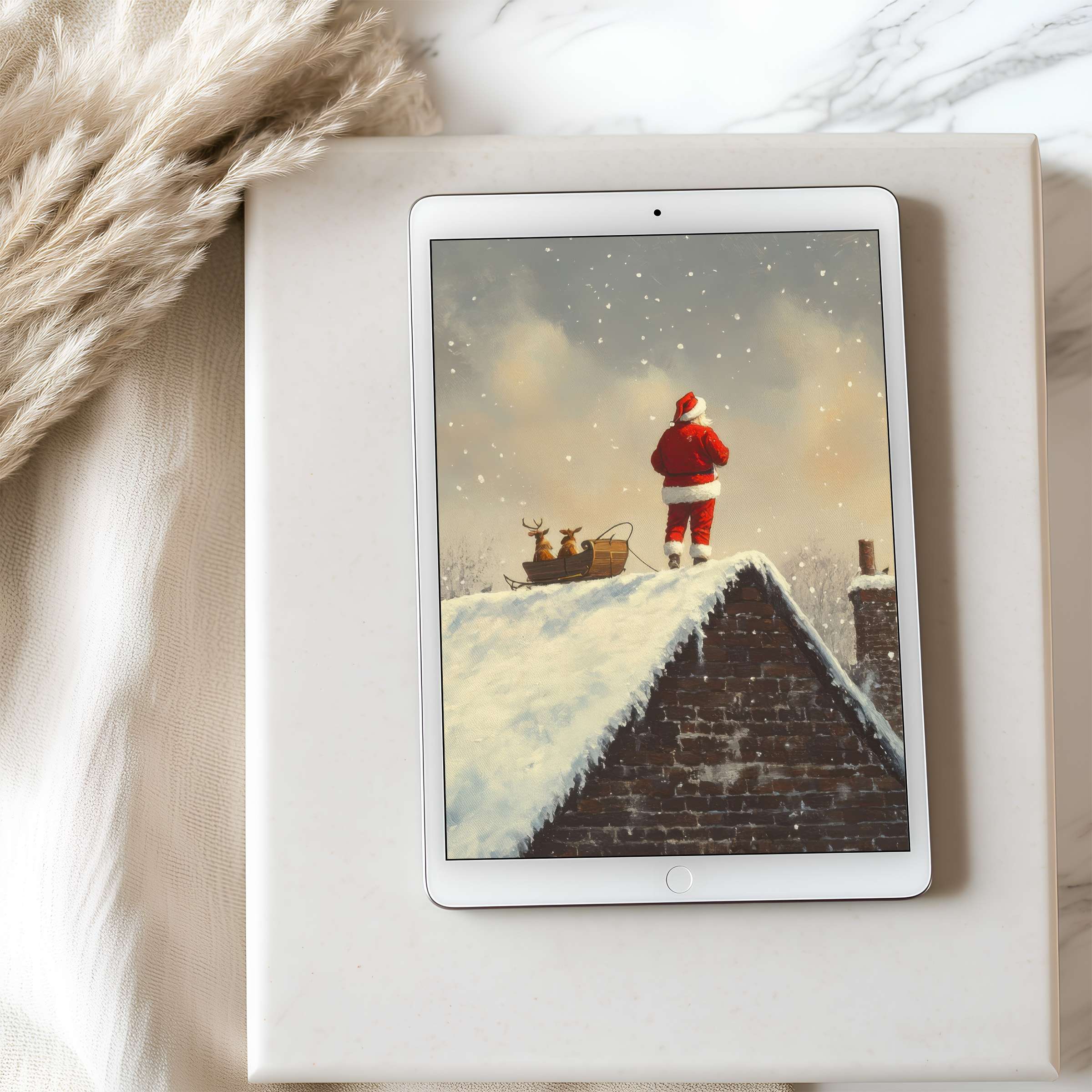 Elegant winter tablet wallpaper featuring Santa on a snowy rooftop, perfect for high-resolution iPad and Android devices, inspiring calm