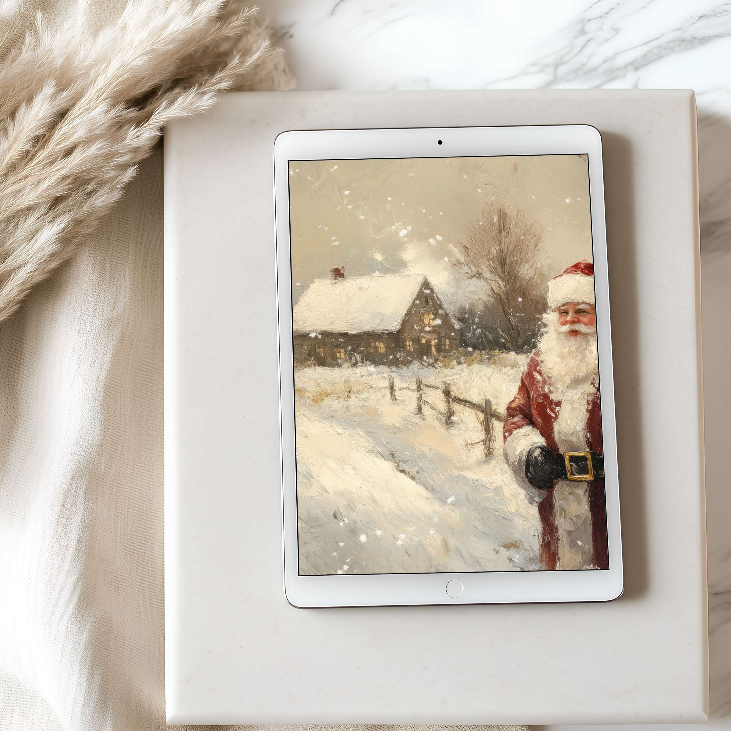 Elegant snowy scene tablet wallpaper featuring a traditional Santa theme, crafted for high-resolution iPad and Android downloads