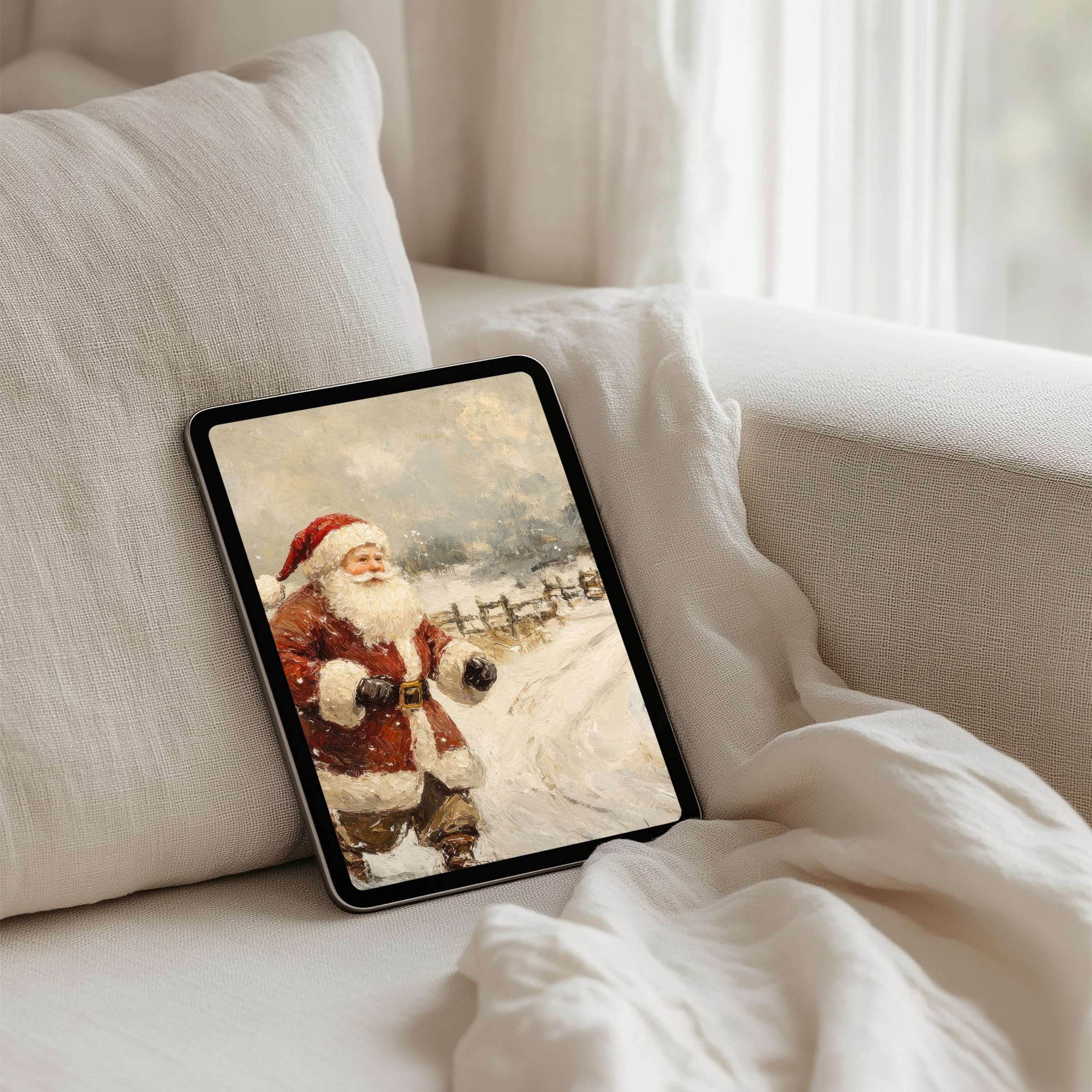 Elegant winter iPad background art with Santa on a snowy day inspires calm and mindfulness perfect for tablet instant download