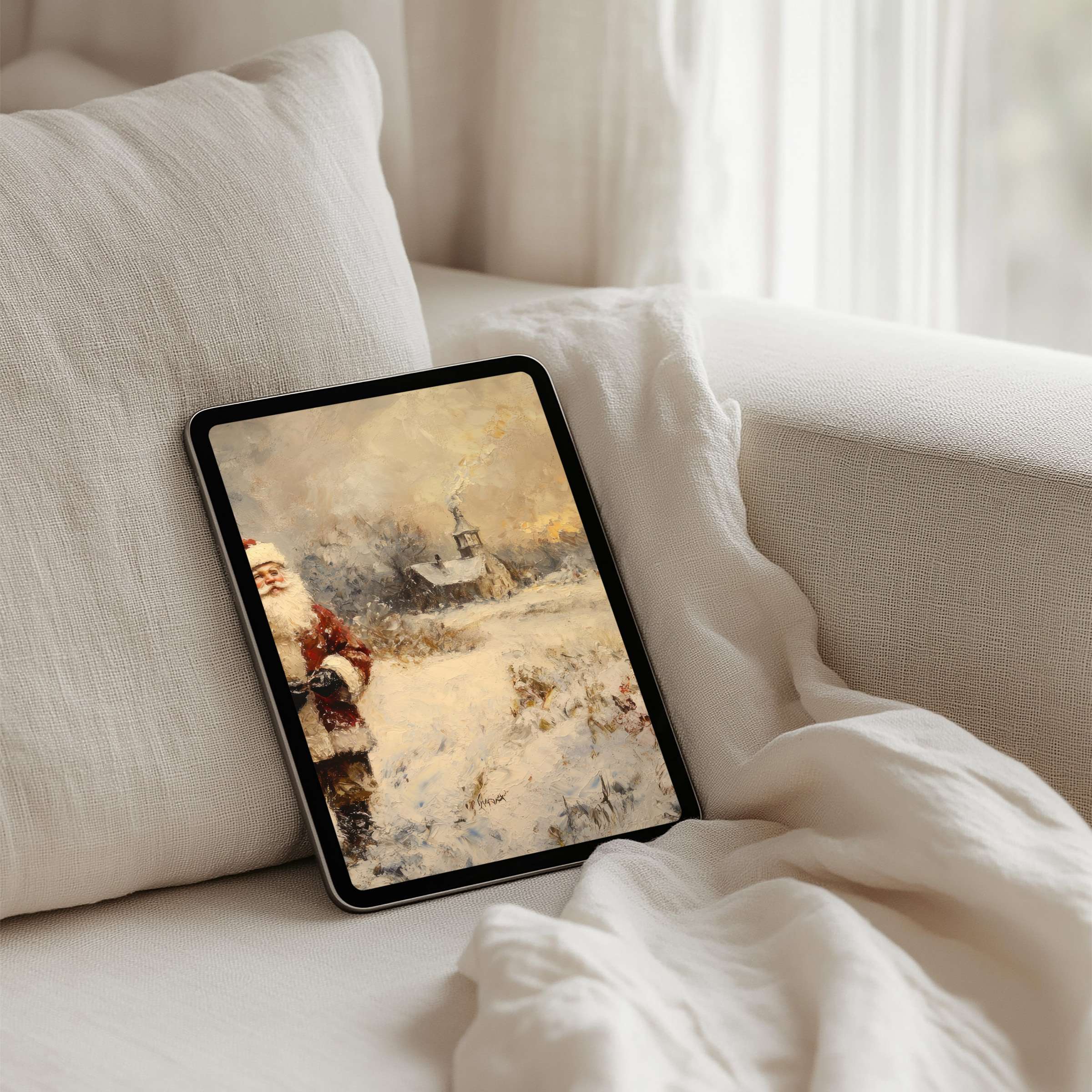 Serene winter landscape with Santa painting iPad background for instant download fits iPad and Android tablets inspiring elegance