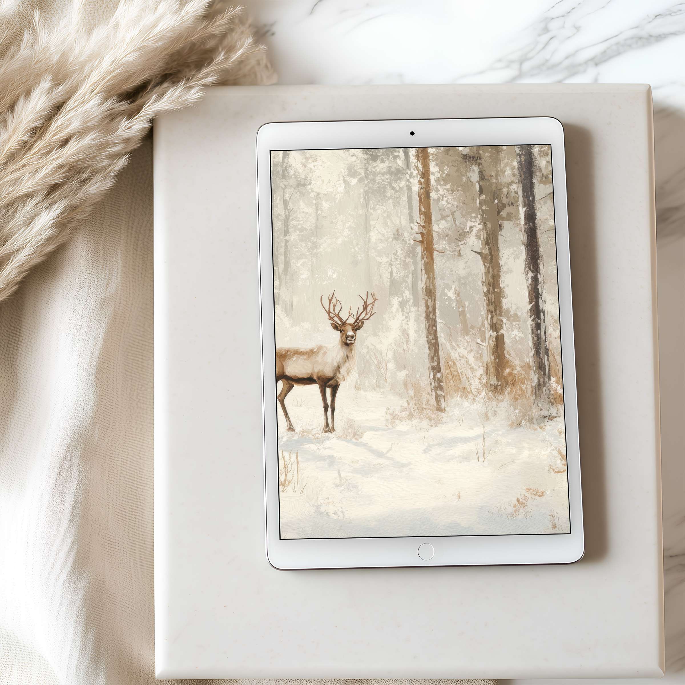 Elegant deer in snowy forest tablet wallpaper with calming neutral tones ideal for iPad and Android high resolution download