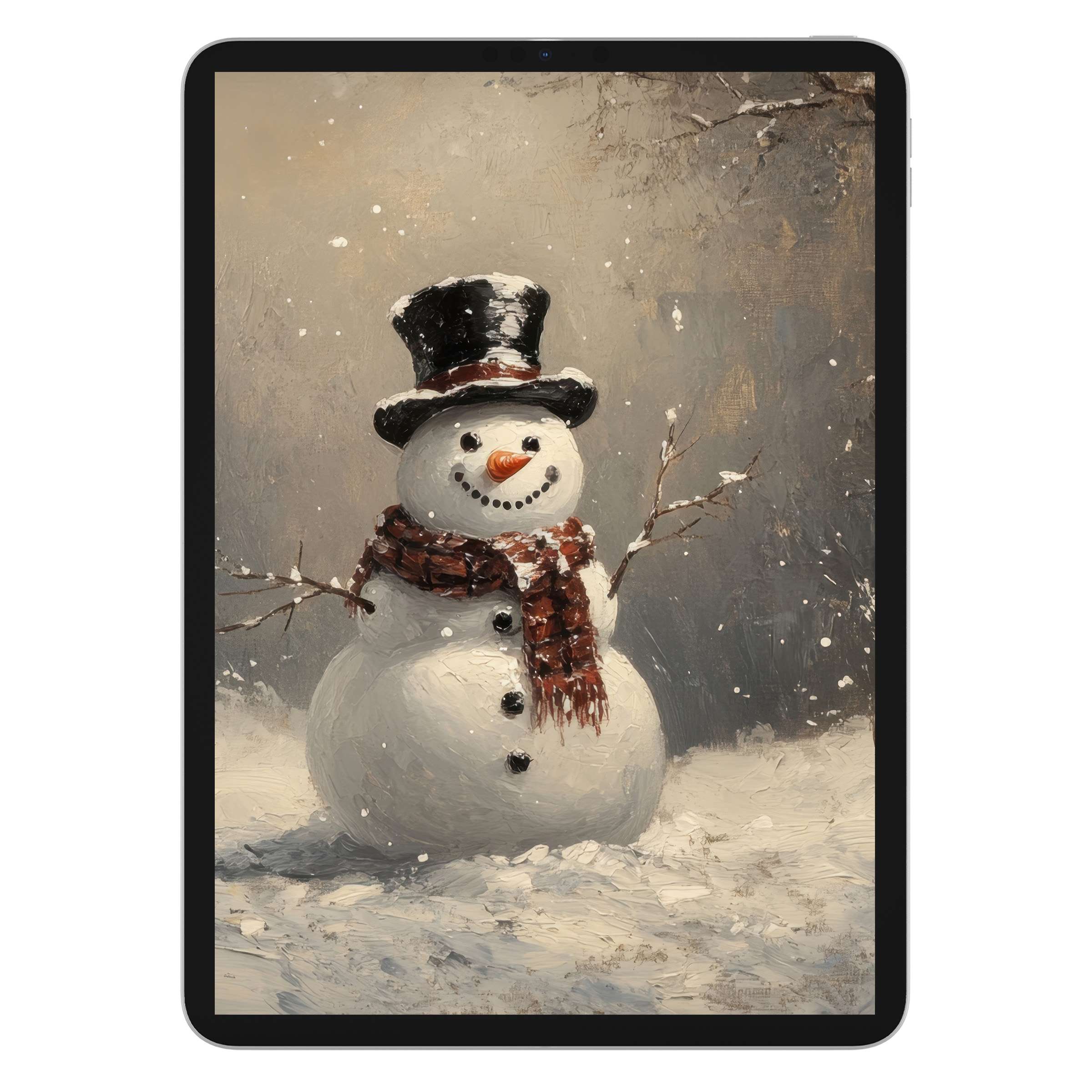 Elegant christmas iPad wallpaper featuring a charming snowman on a serene snowy background digital download for tablets