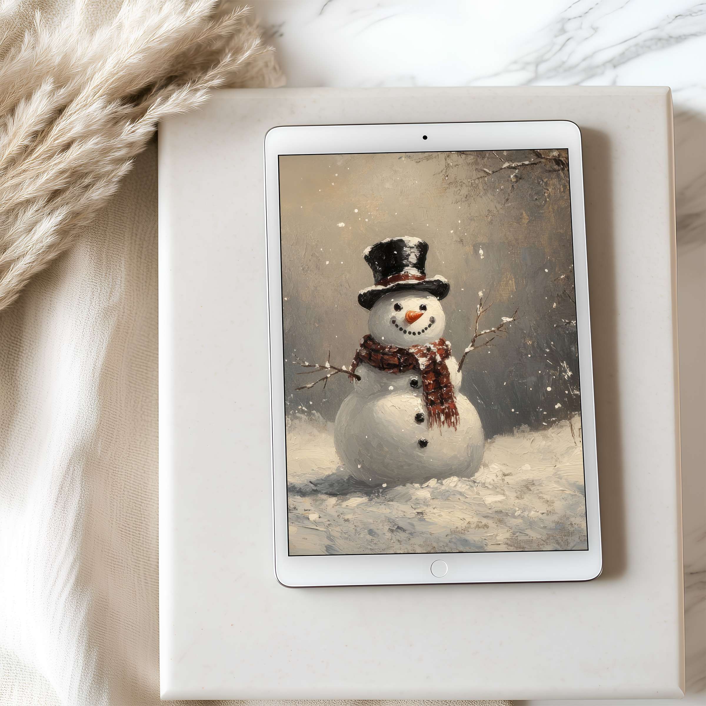 Elegant snowman artwork in earthy tones transforms your tablet wallpaper into a high-resolution winter wonderland perfect for seasonal ambiance