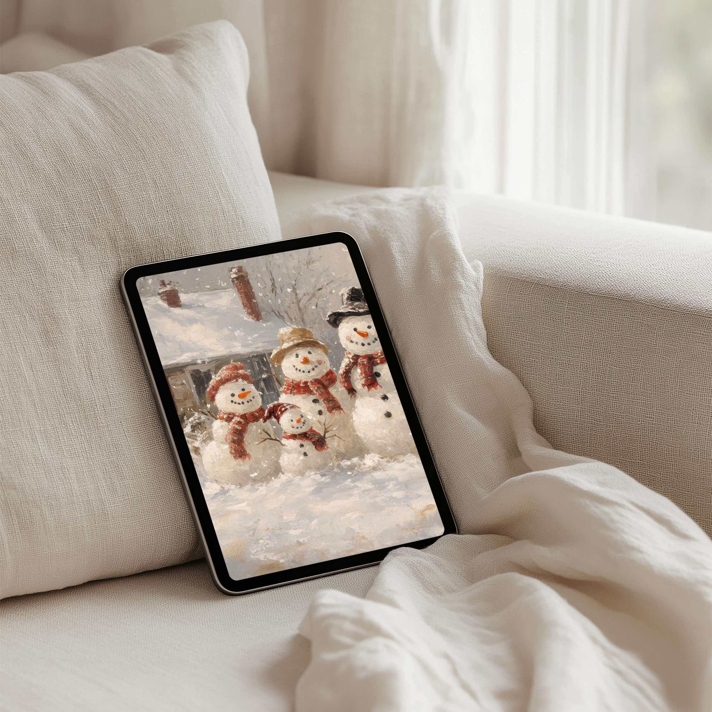 Cozy iPad background featuring charming snowmen in a serene winter scene ideal for instant download on any tablet device
