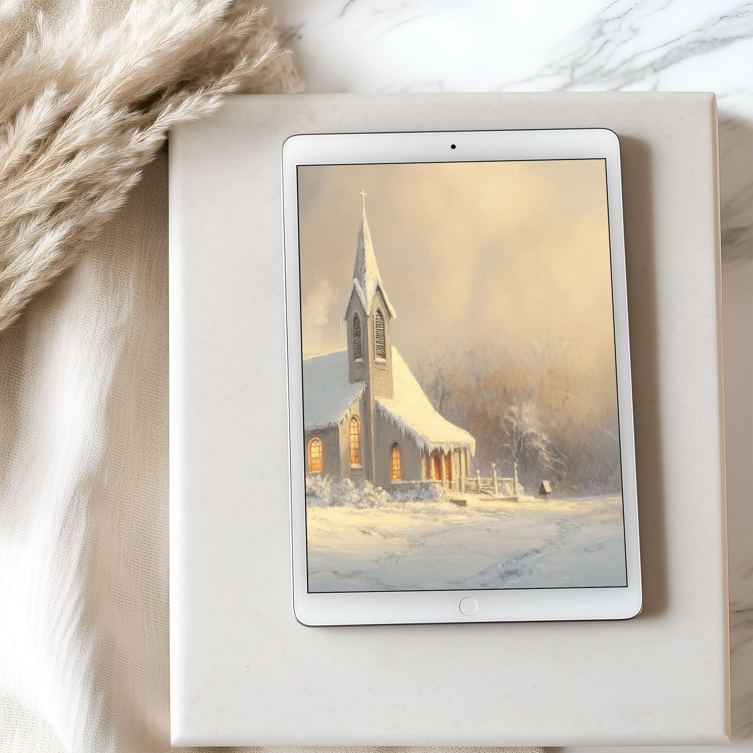 Elegantly curated tablet wallpaper featuring a tranquil winter church scene, perfect for iPad, boosting calm and aesthetic harmony