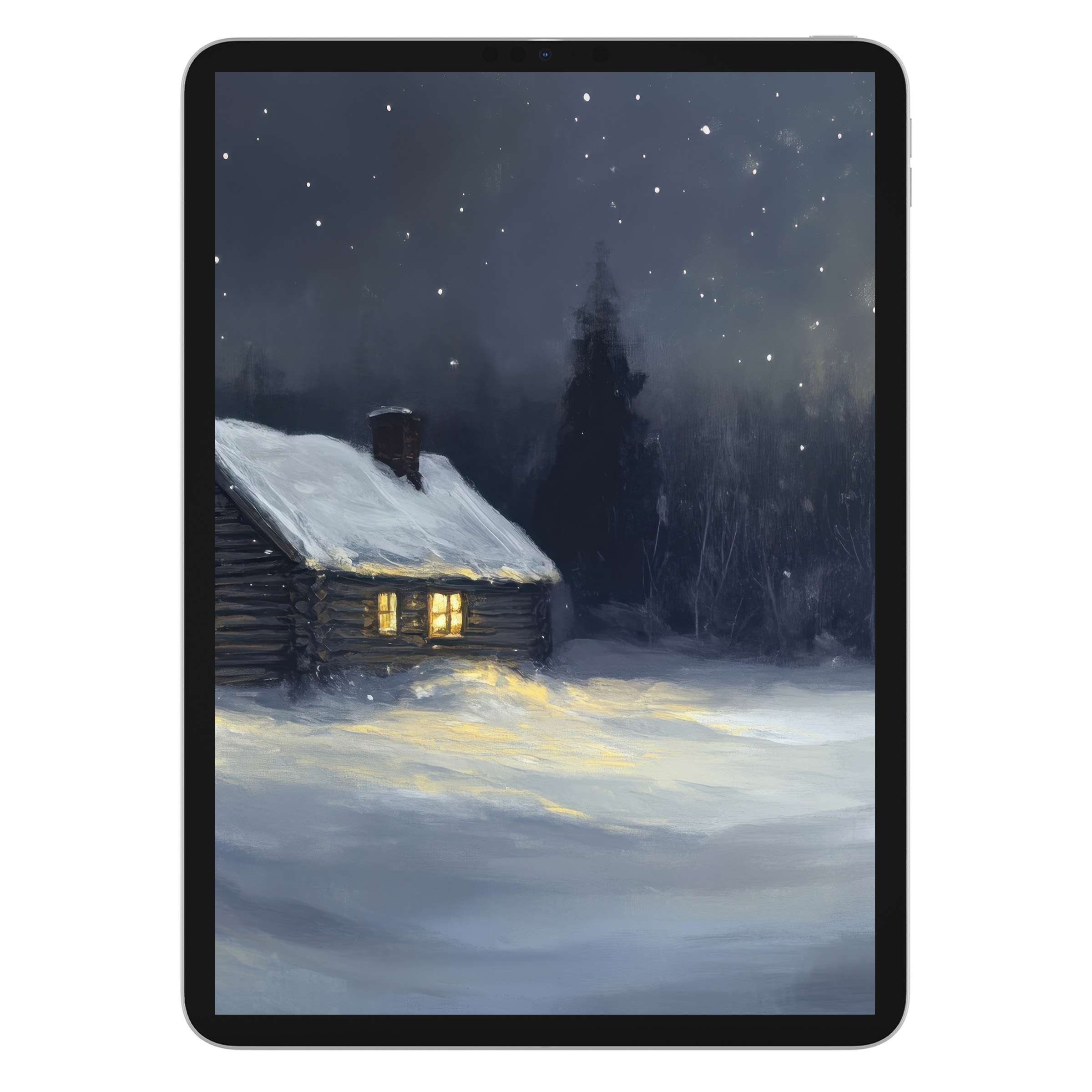 Christmas iPad wallpaper digital download with serene snowy cabin, perfect tablet background for calming aesthetics and sustainable design