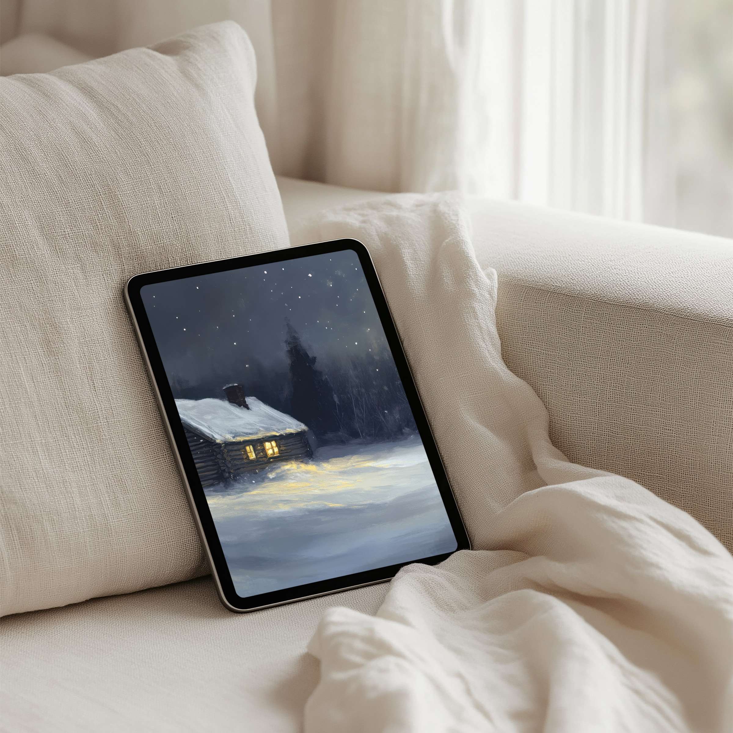 Cozy winter cabin scene as iPad background for instant download on any tablet brings calm elegance to your digital world