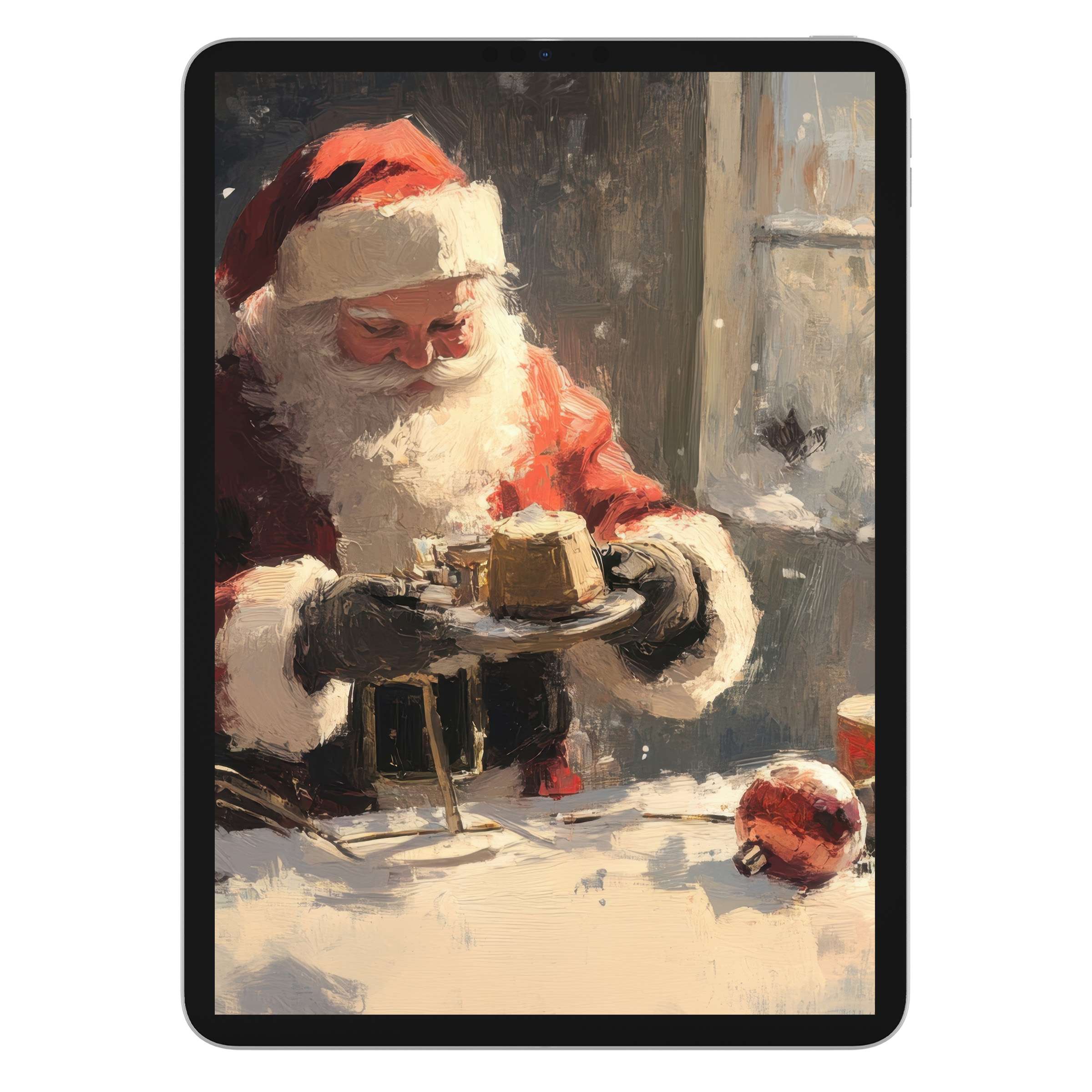 Elegant christmas iPad wallpaper digital download featuring Santa's warm, textured art style perfect for tablet backgrounds enhancing holiday spirit