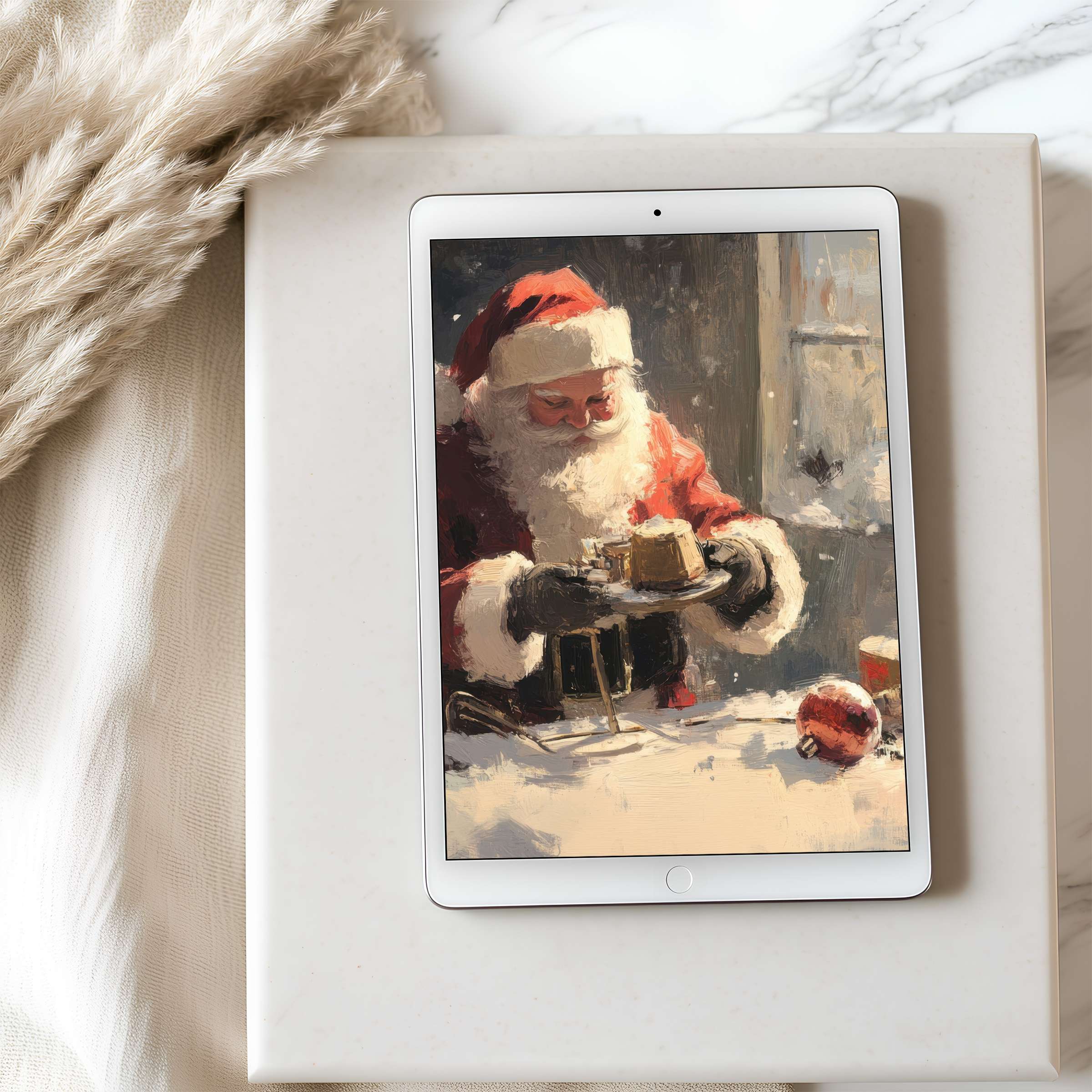 Elegant digital art featuring Santa in warm tones enhances your home with this tablet wallpaper, perfect for iPad or Android