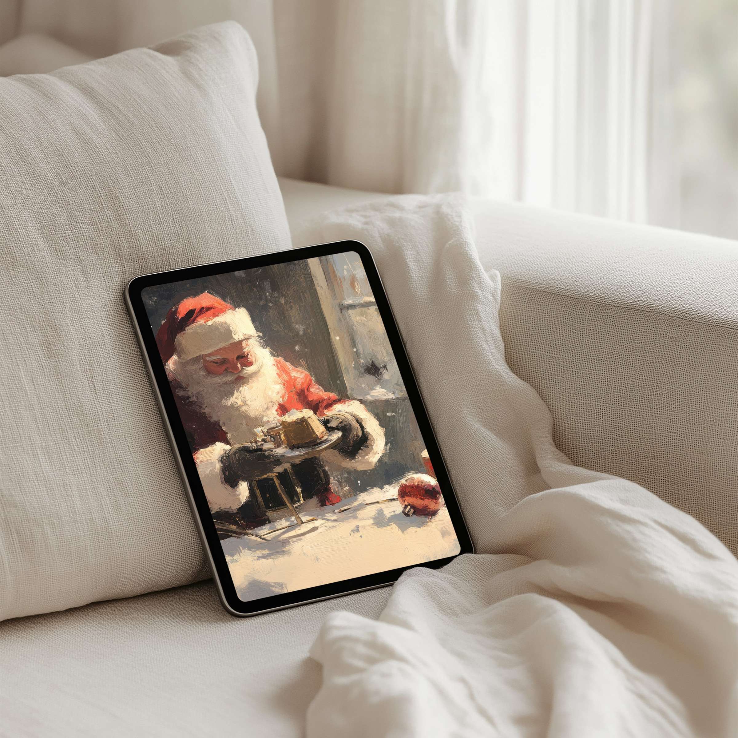 Cozy iPad background featuring festive Santa art is an instant download for tablets, inspiring calm elegance and joyful mindfulness
