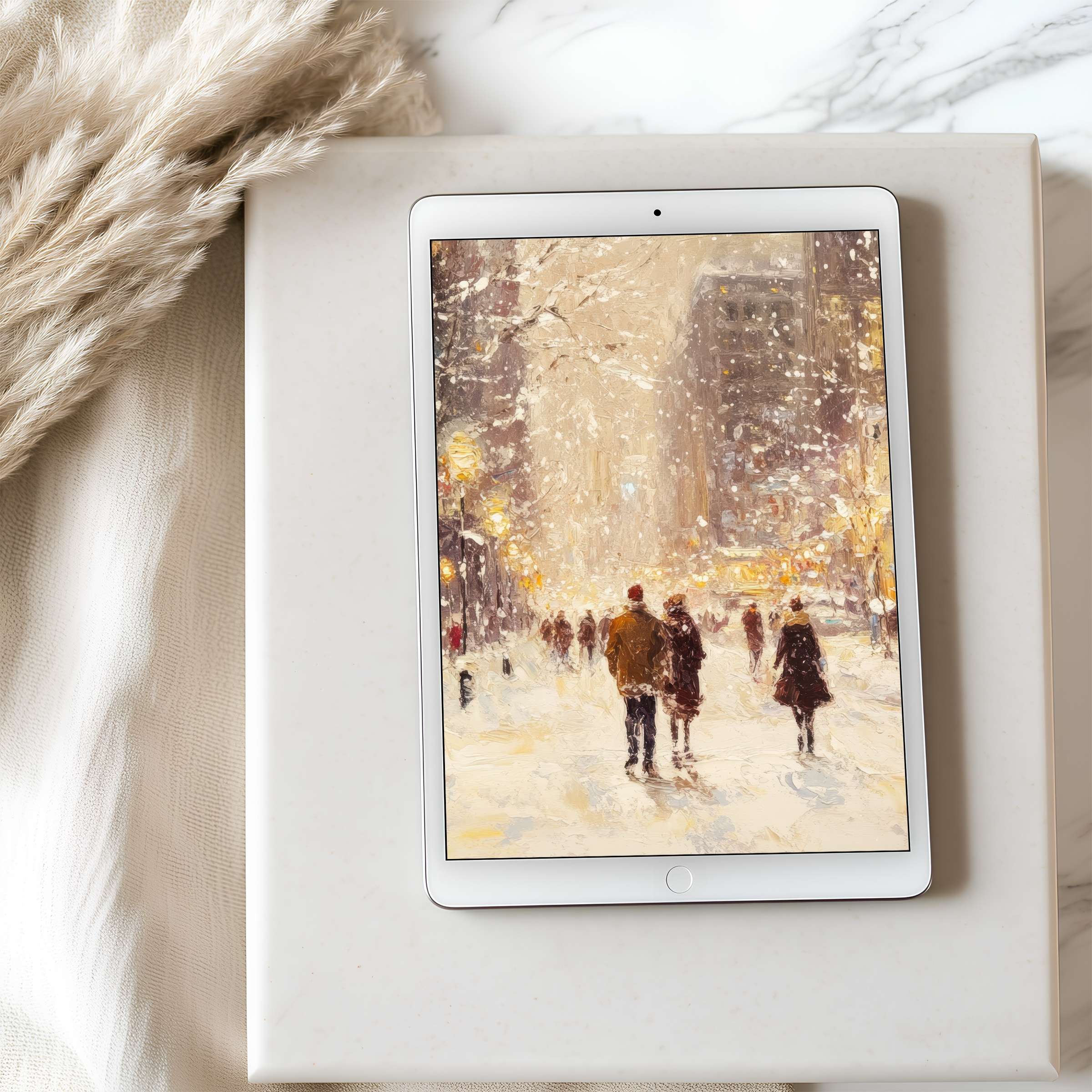 Elegant tablet wallpaper featuring a serene winter street scene in impressionistic style suitable for high-resolution digital download