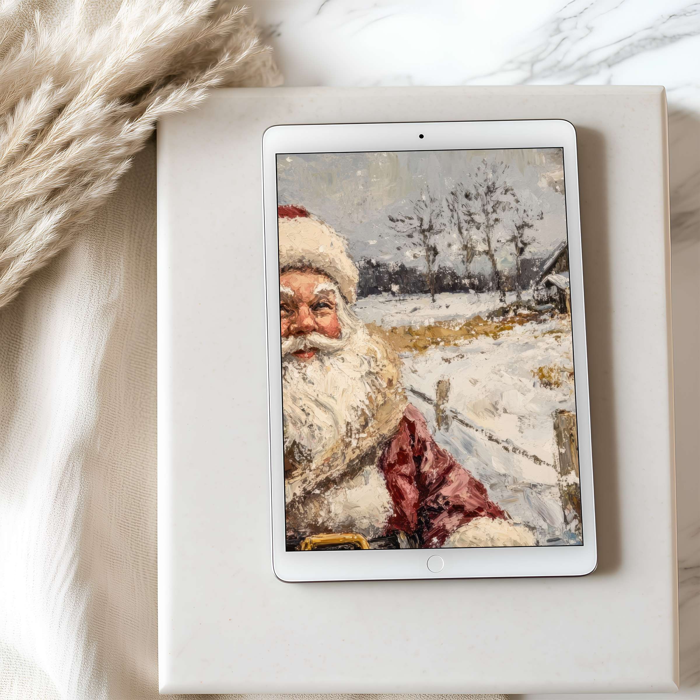 Elegant winter scene tablet wallpaper with vintage Santa, perfect for iPad in high resolution, bringing warmth and nostalgia to your space