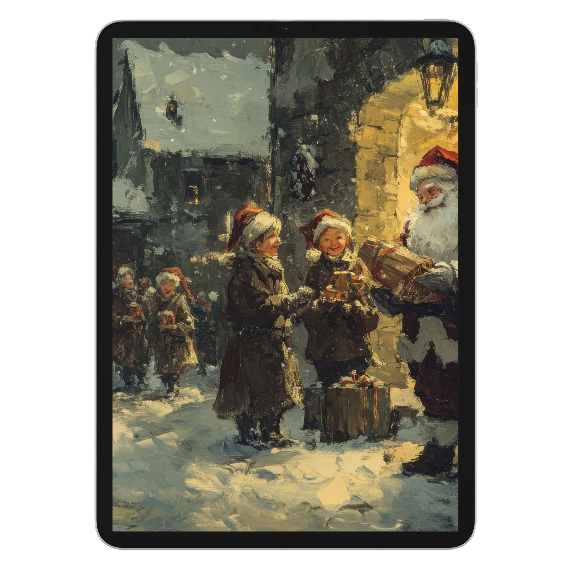Festive Christmas iPad wallpaper featuring Santa and children in warm hues, perfect digital download for tablet background elegance