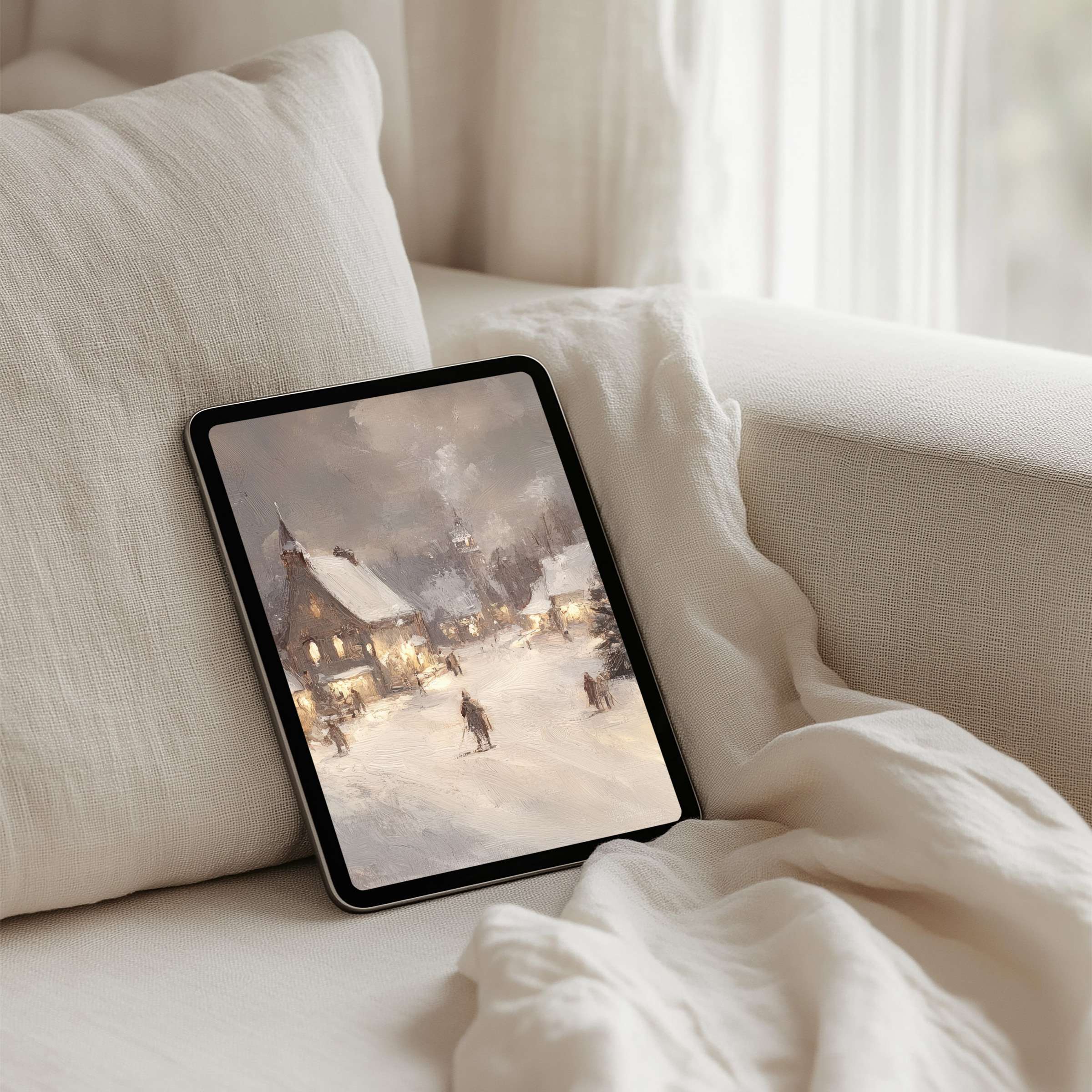 Elegant winter scene digital art radiates calm on an iPad background, perfect for tablet use and instant download enthusiasts