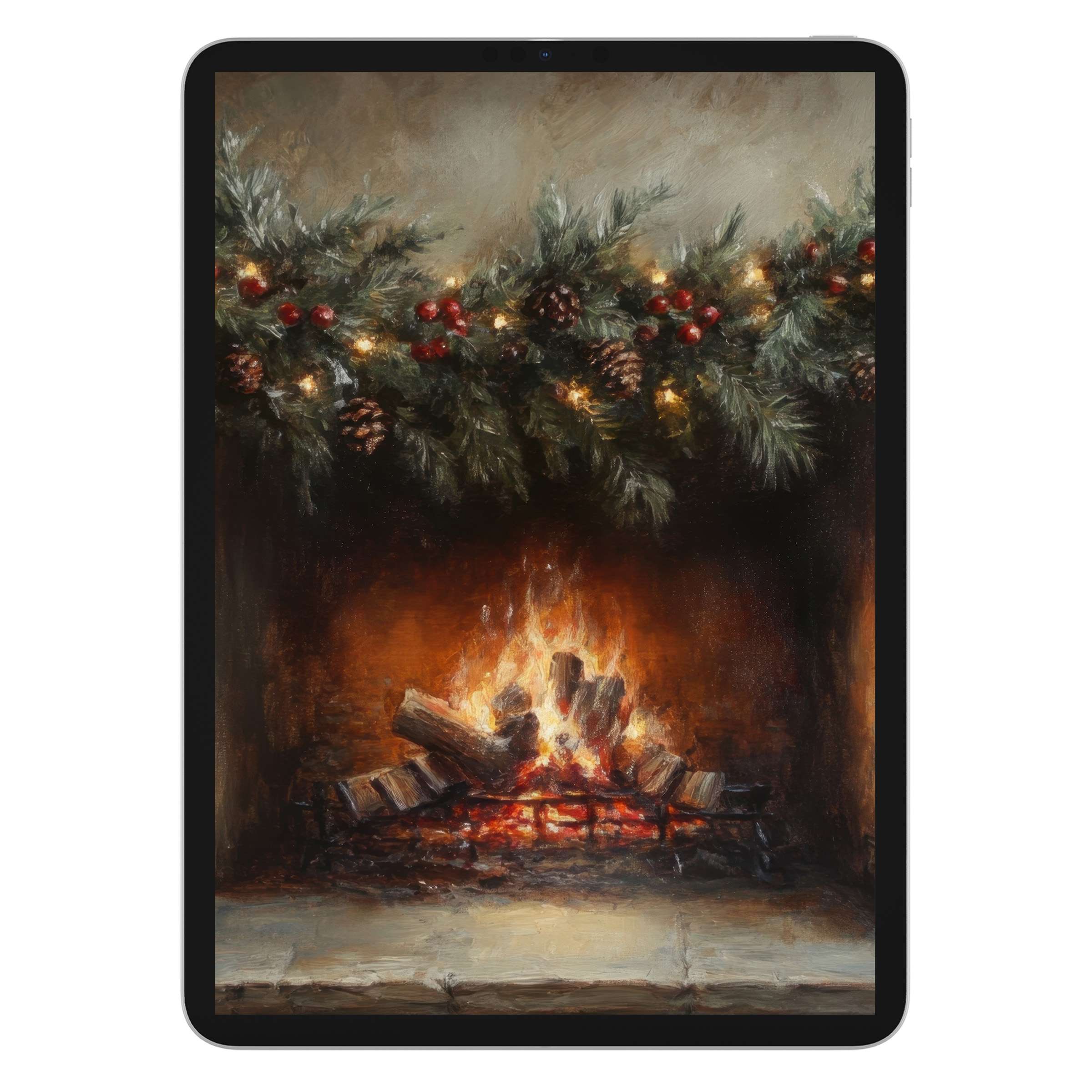 Cozy christmas iPad wallpaper featuring a warm fireplace scene, evergreen garland, perfect digital download for tablet background warmth