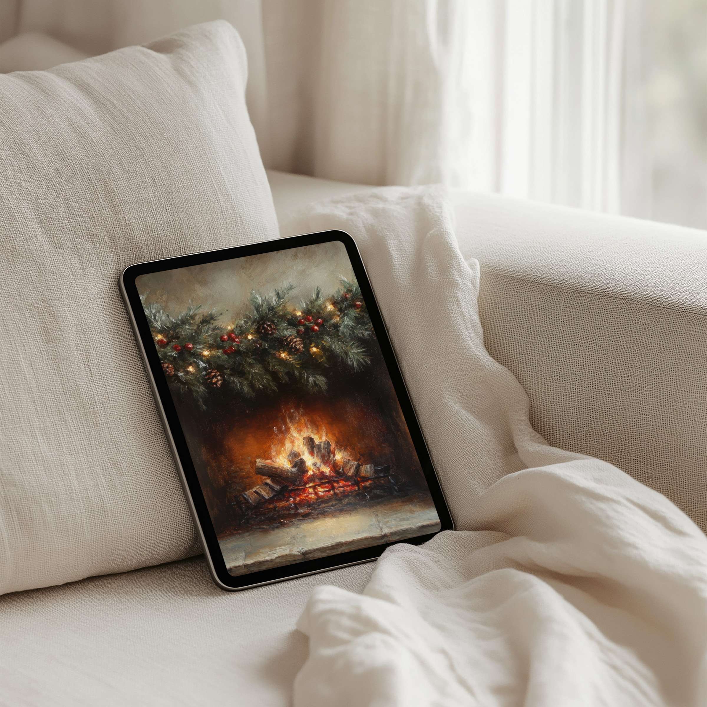 Cozy holiday fireplace scene on iPad background offers instant download for tablet, evoking elegance and calm in your space