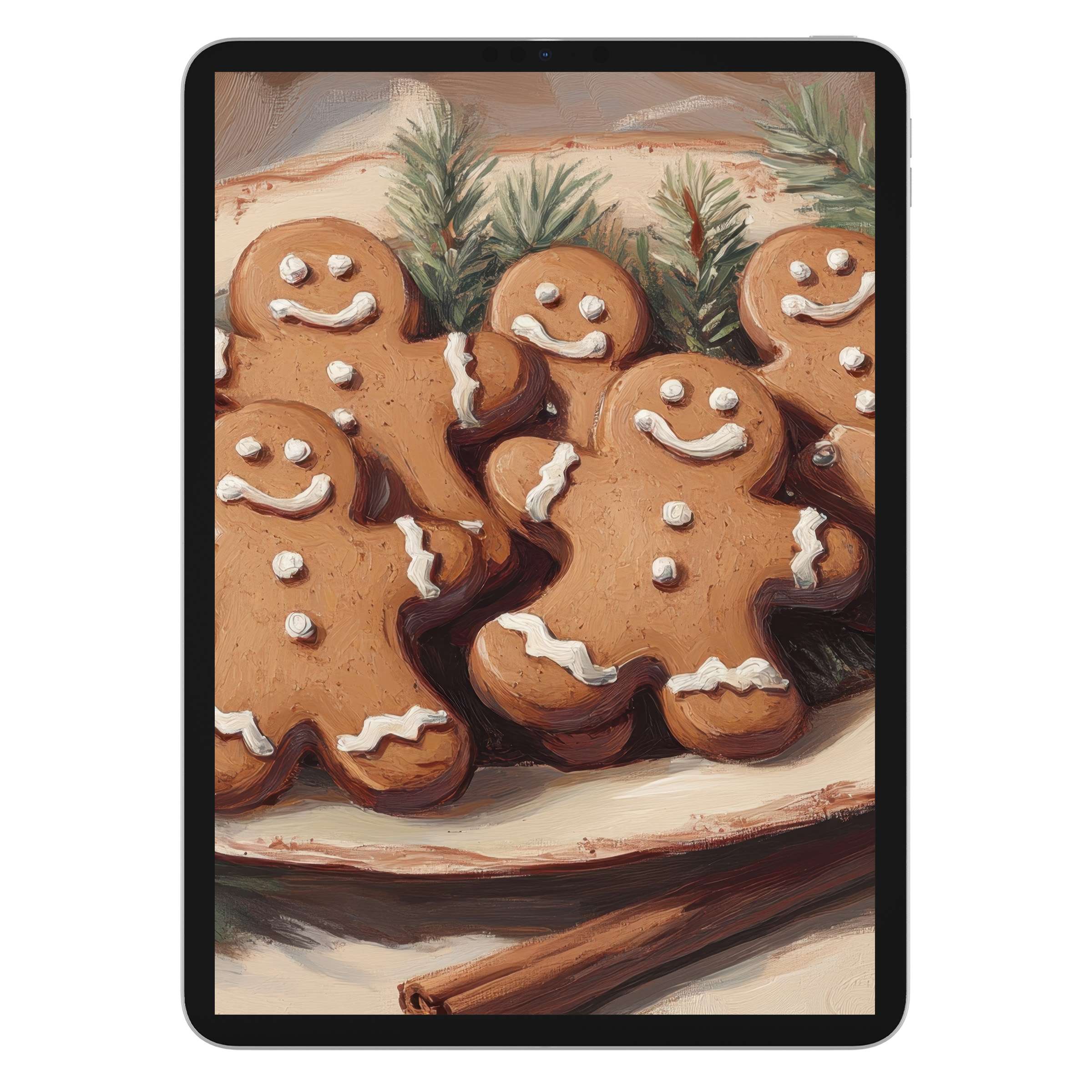 Warm and inviting christmas iPad wallpaper featuring gingerbread cookies and pine sprigs, the perfect digital download background for any tablet